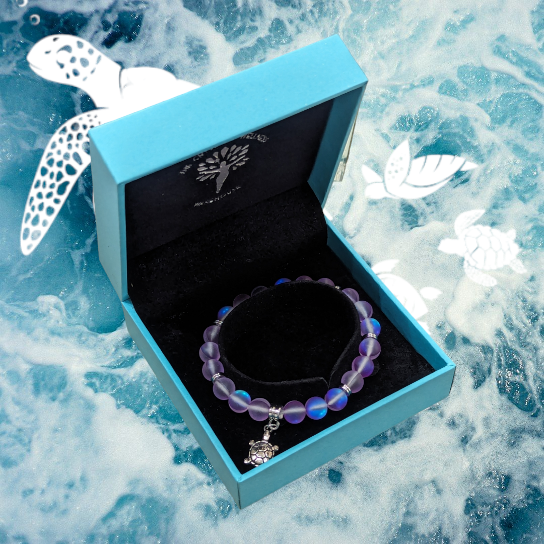 Purple mermaid glass bead bracelet with turtle charm in luxury gift box