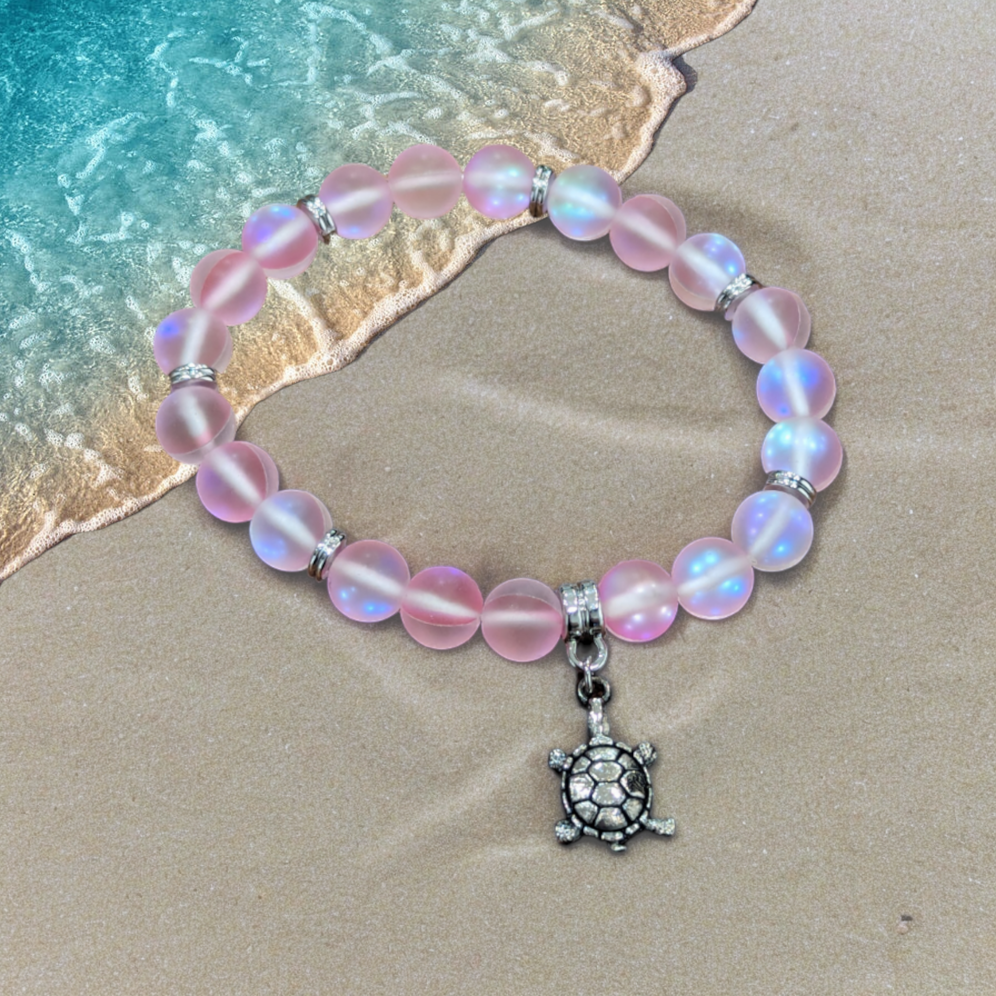 Pink mermaid glass bead bracelet with turtle charm in luxury gift box