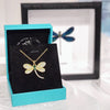 Dragonfly necklace set with cubic zirconia's in gold colour finish with 50cm chain