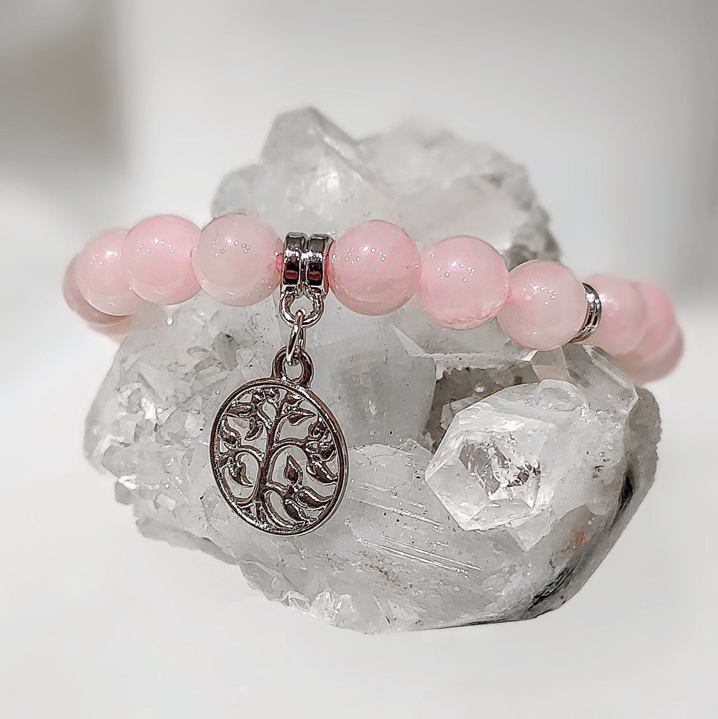Rose Quartz 8mm crystal bead bracelet with silver tree of life charm
