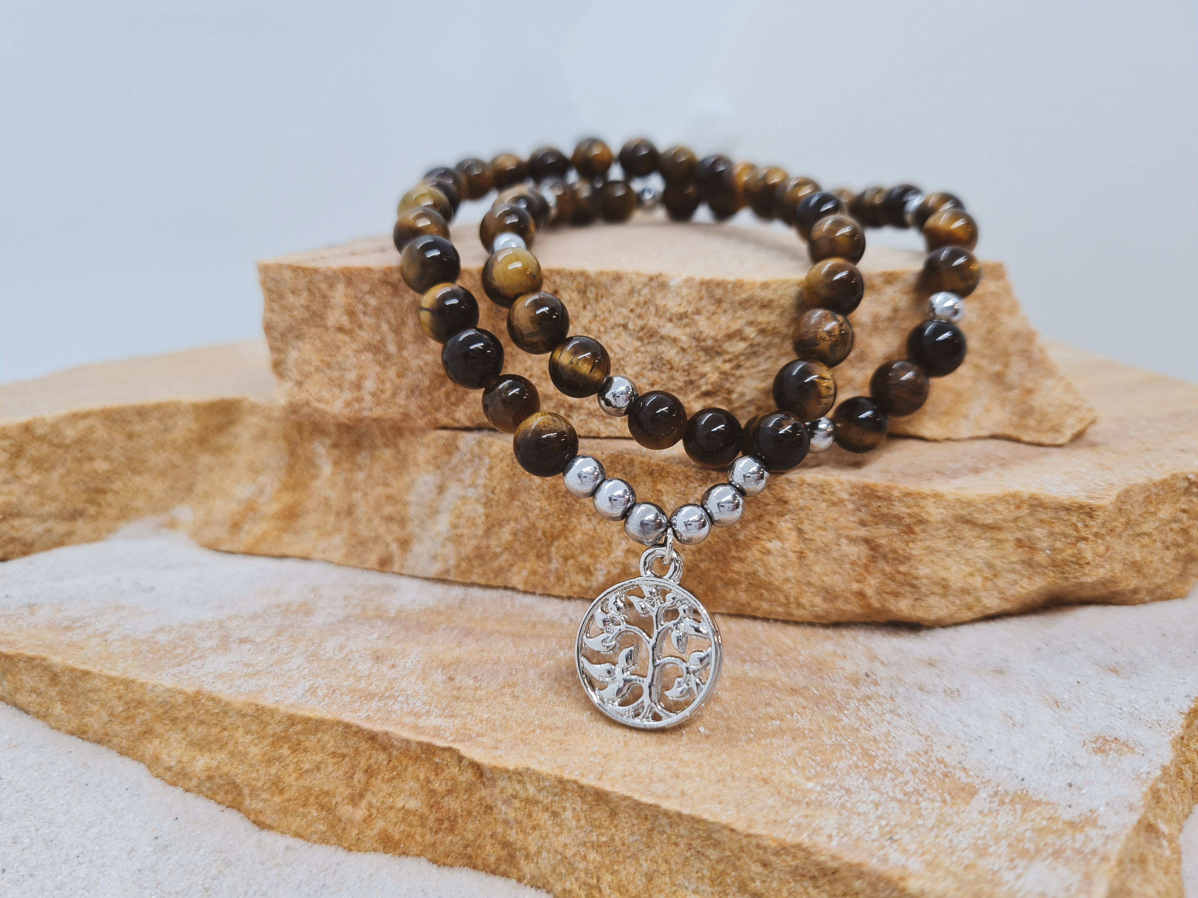 Gold Tiger's Eye 8mm crystal bead bracelet with silver tree of life charm