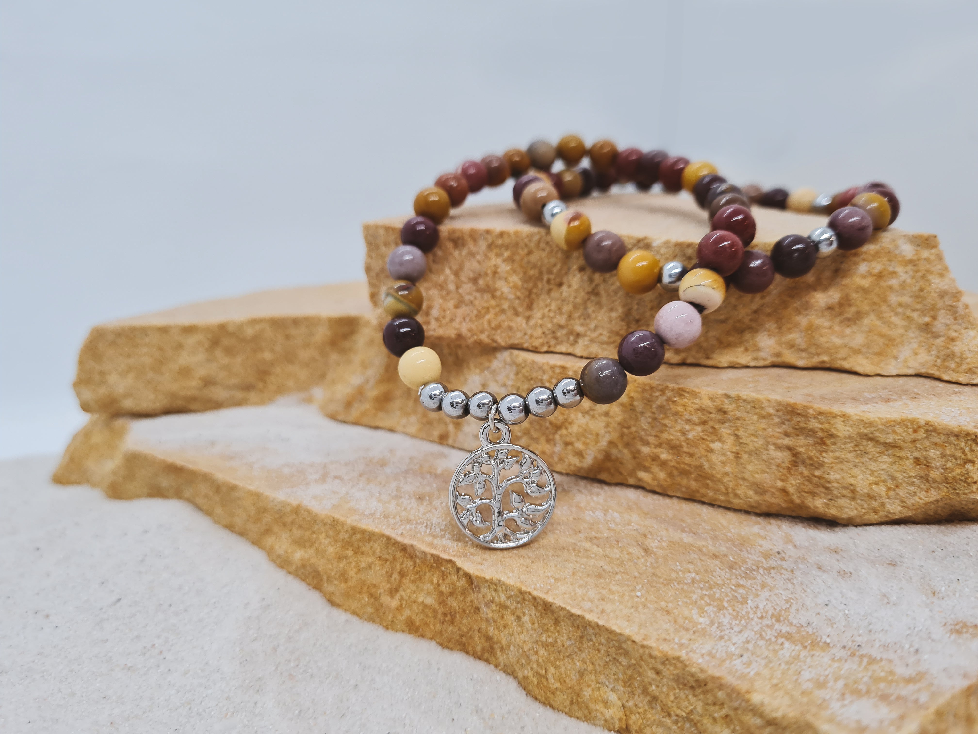 Mookaite 8mm crystal bead bracelet with silver tree of life charm