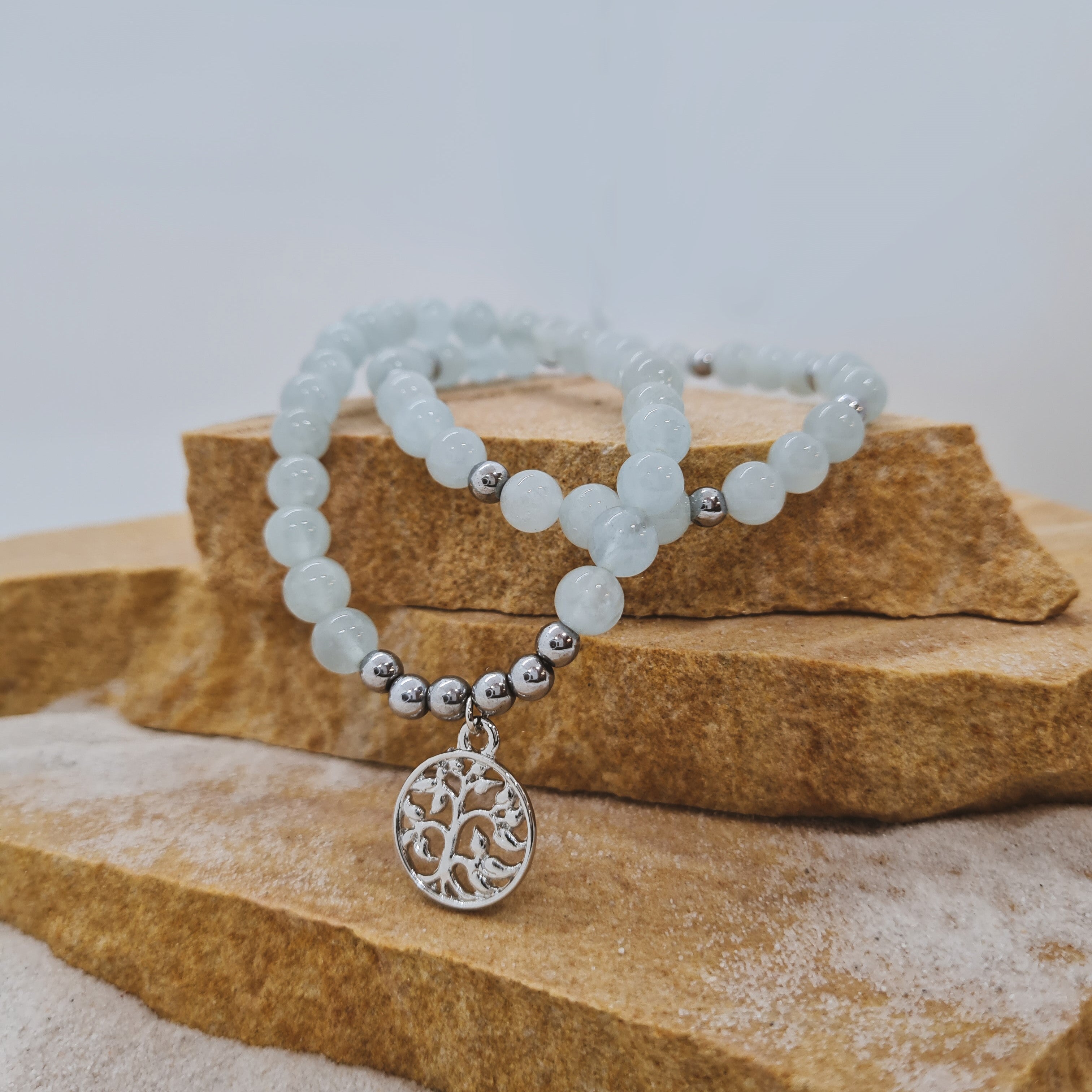 Aquamarine 6mm crystal bead bracelet twin set with silver tree of life charm