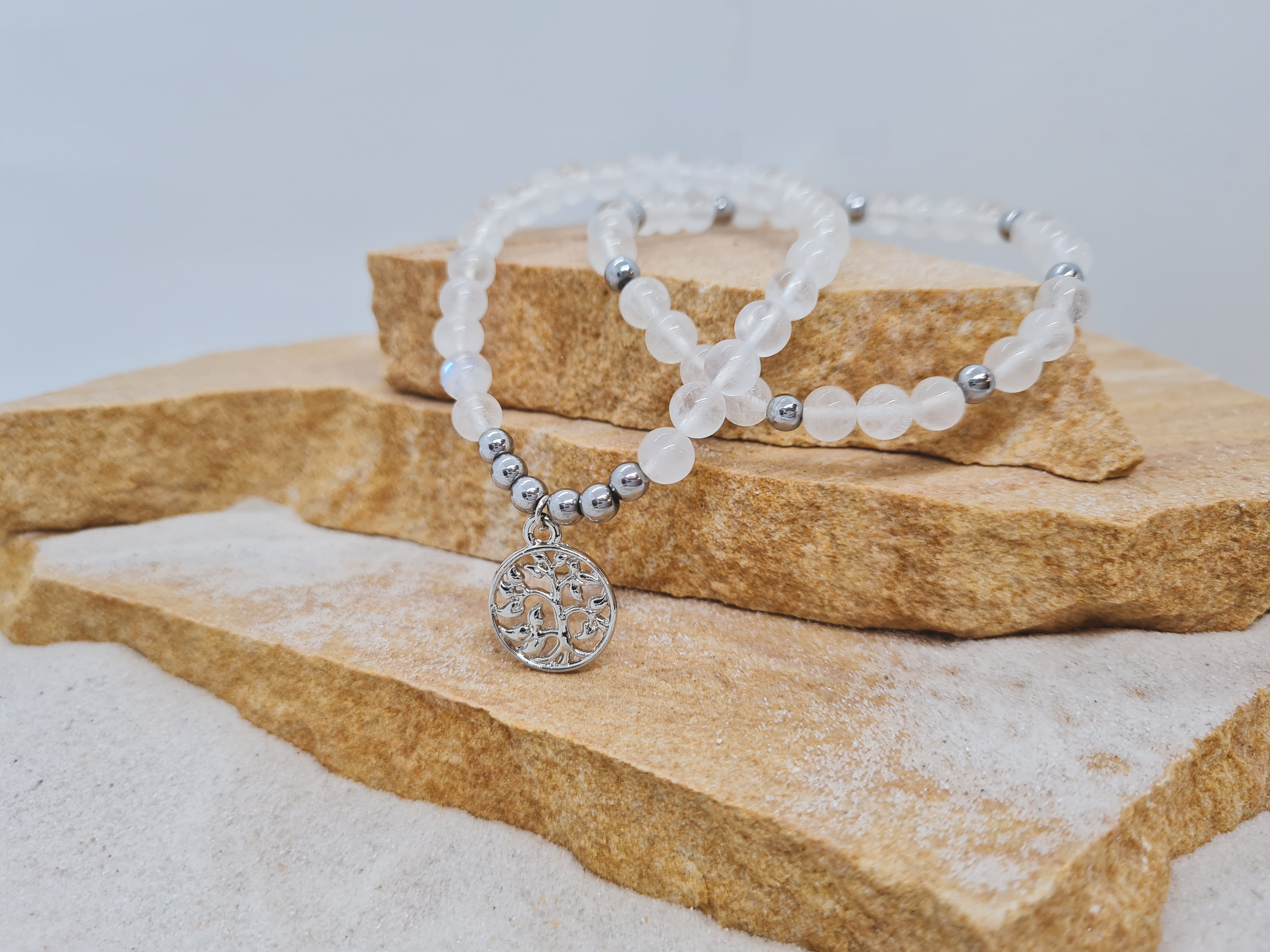 Rainbow Moonstone 6mm crystal bead bracelet twin set with tree of life charm