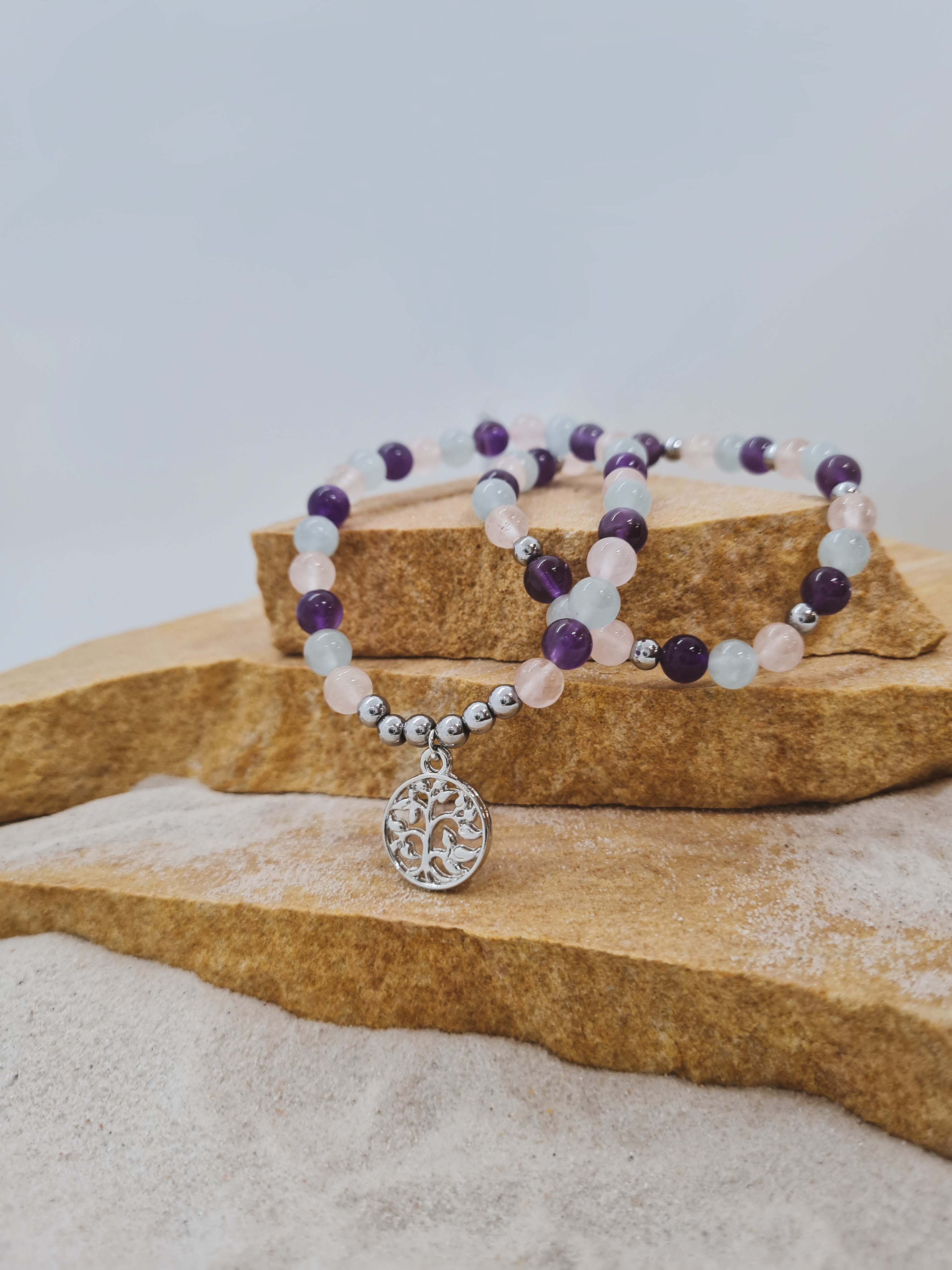 Harmony trilogy Aquamarine, amethyst and rose quartz 6mm crystal bead bracelet twin set with tree of life charm