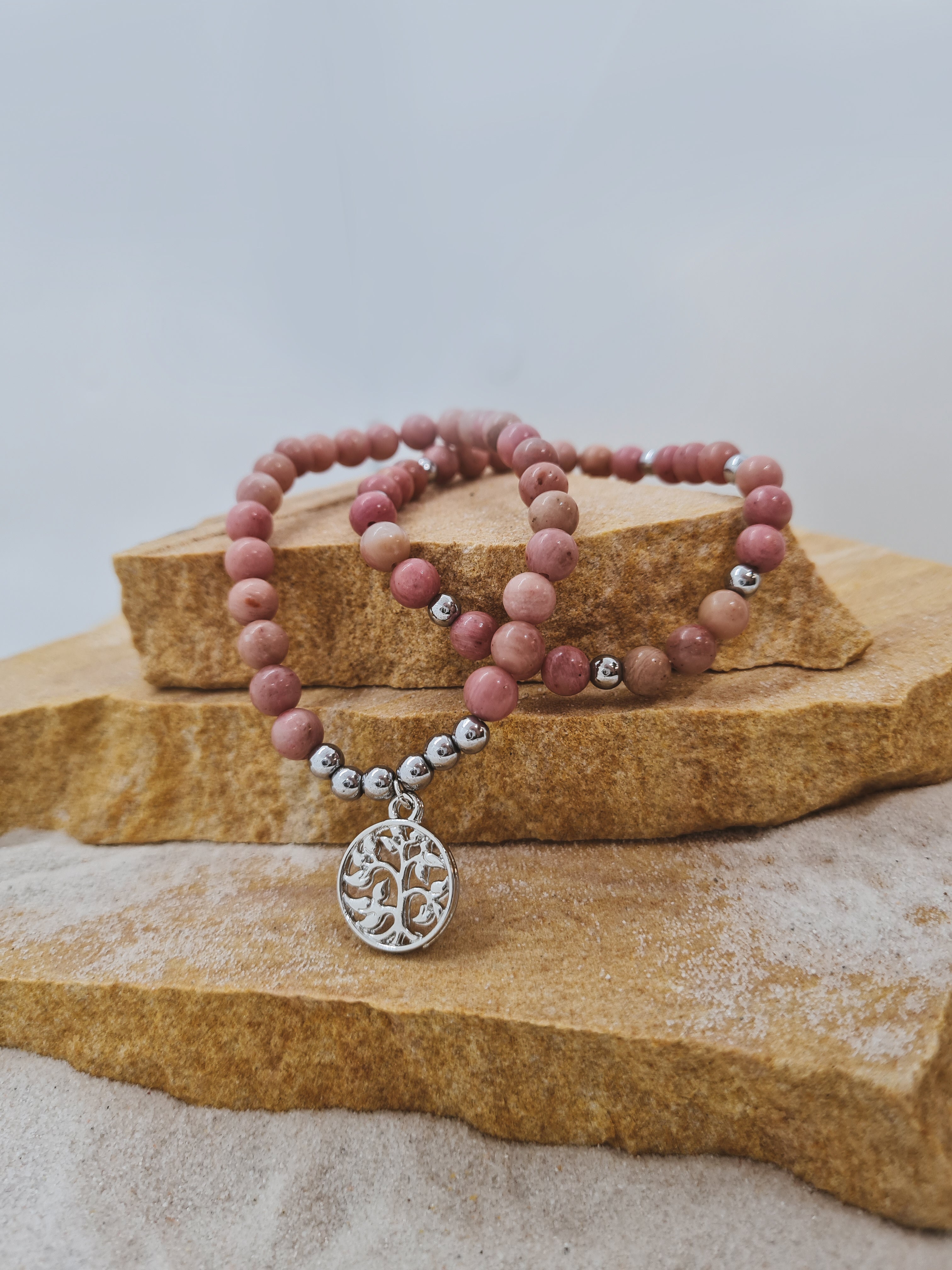 Pink Rhodonite 6mm crystal bead bracelet twin set with tree of life charm