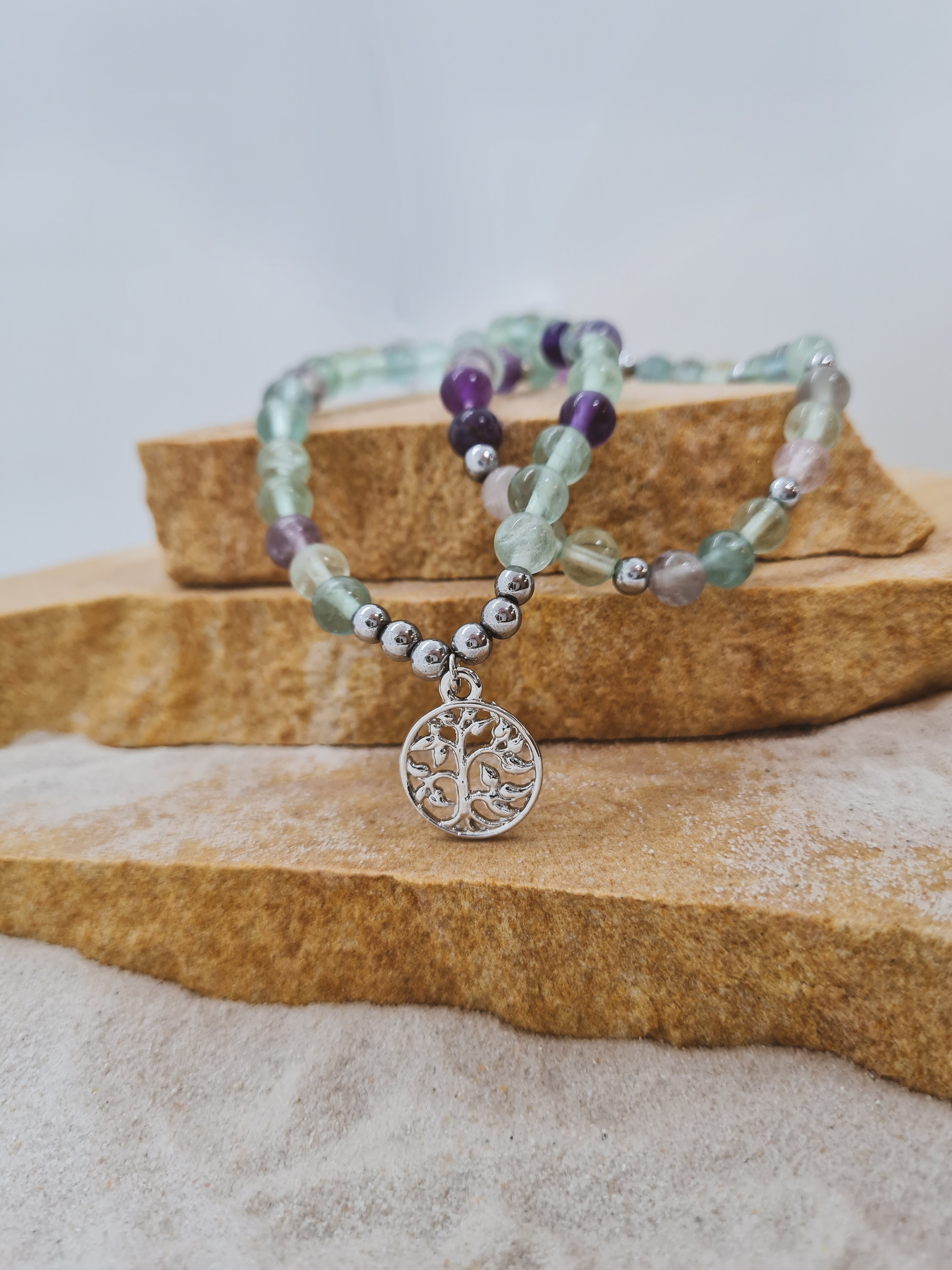 Rainbow Fluorite 8mm crystal bead bracelet with tree of life charm