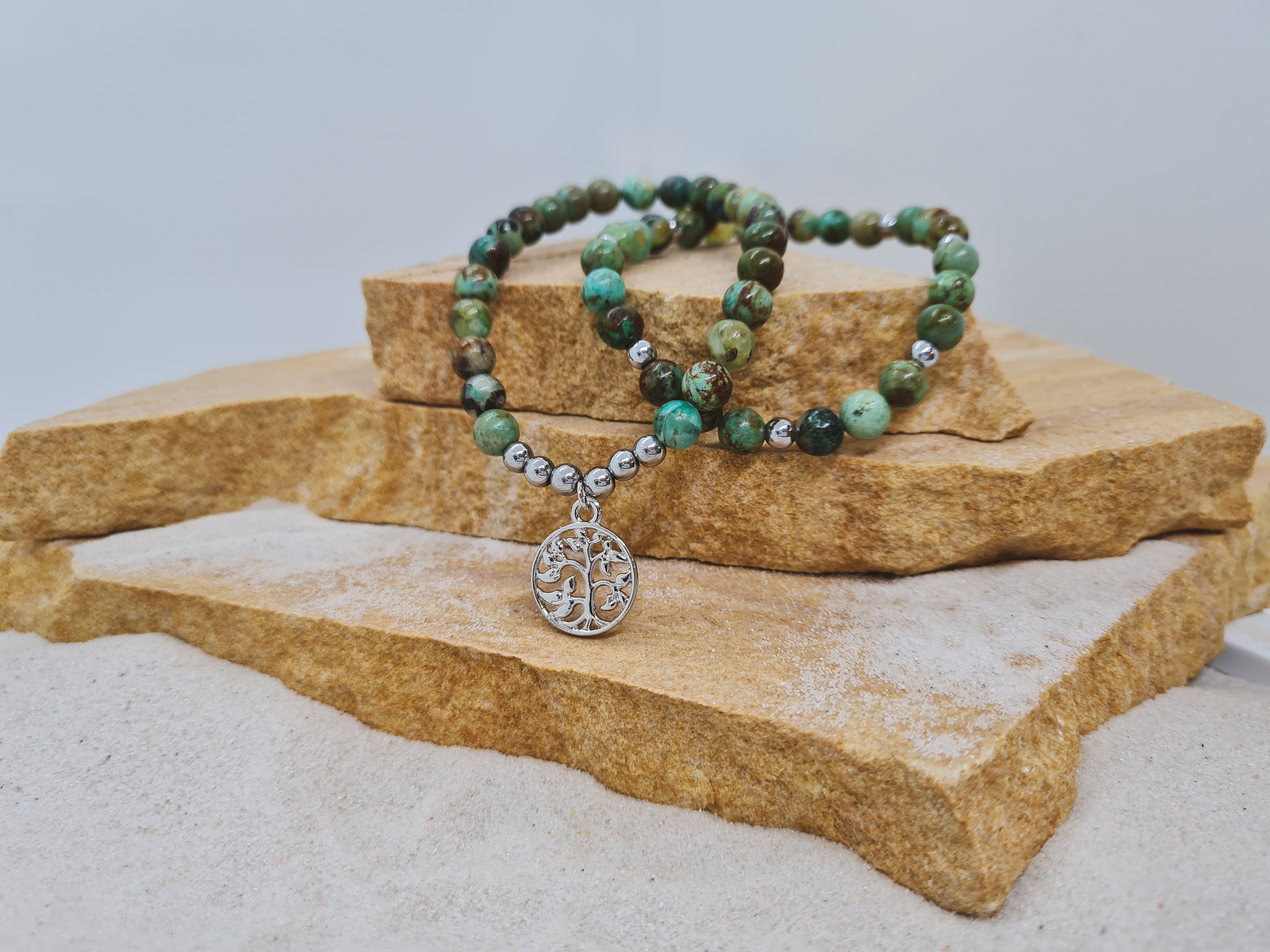 Chrysocolla 6mm crystal bead bracelet twin set with silver tree of life charm