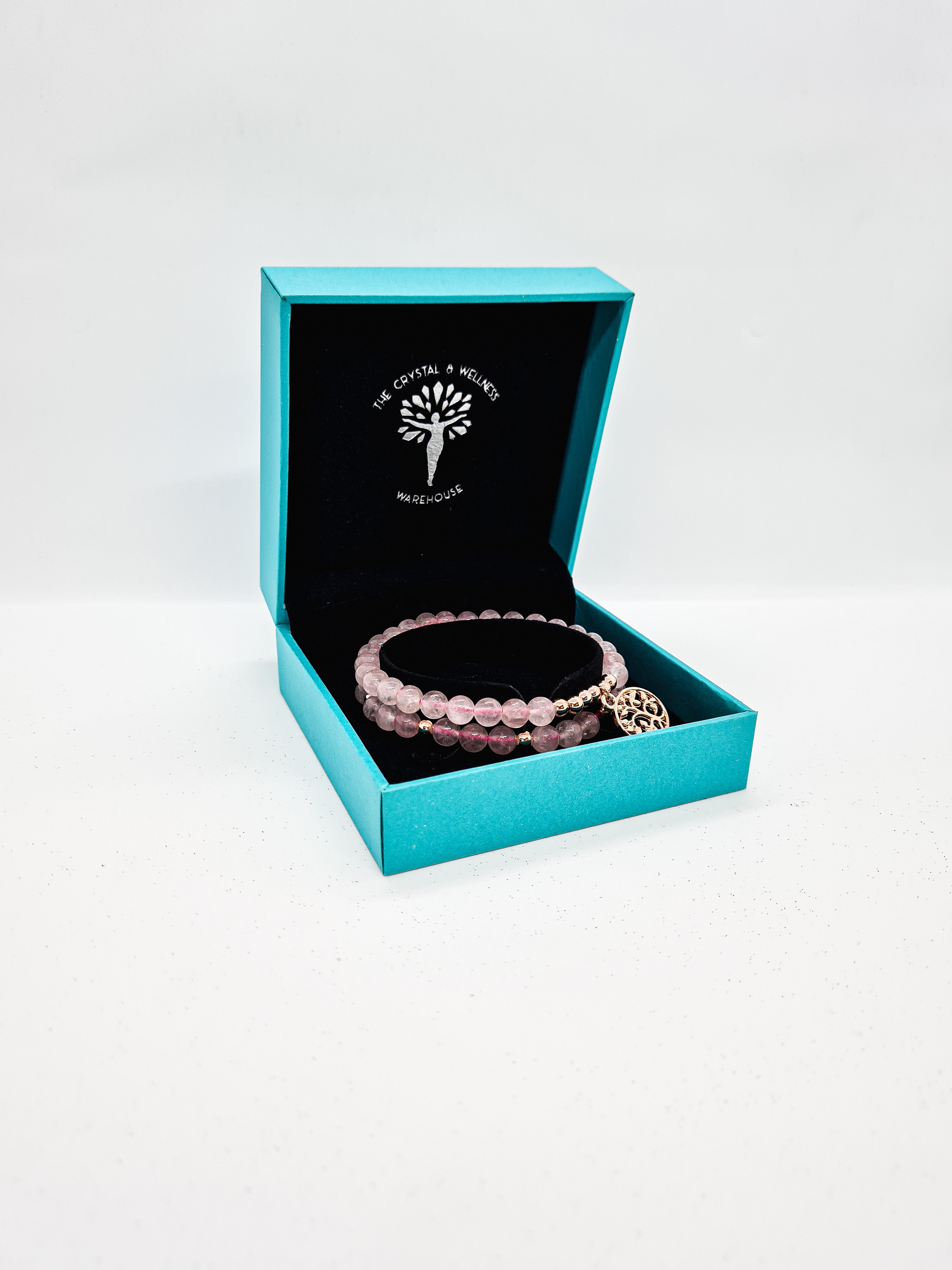 Rose Quartz 6mm crystal bead bracelet with rose gold Tree of Life charm