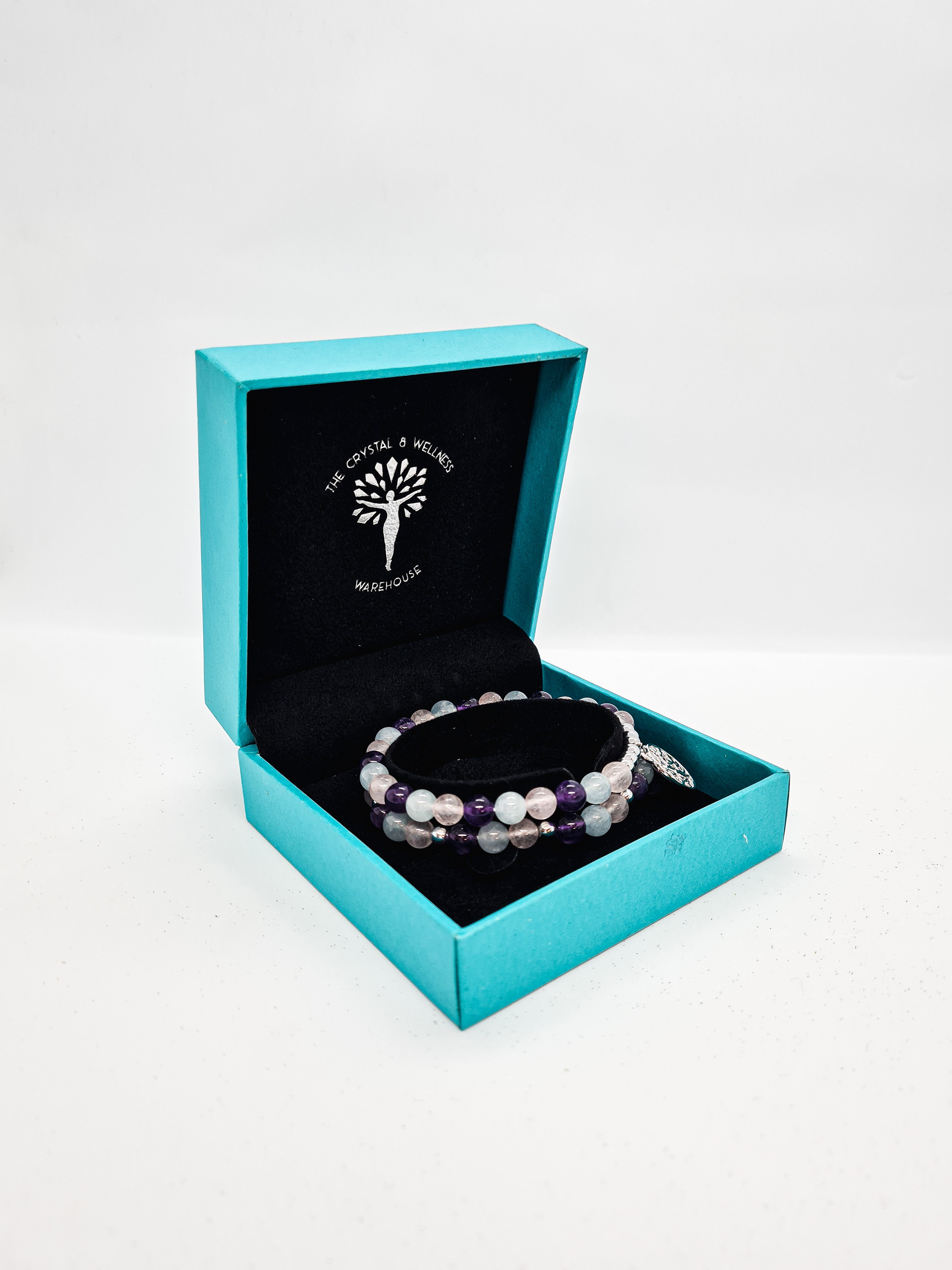 Harmony trilogy Aquamarine, amethyst and rose quartz 6mm crystal bead bracelet twin set with tree of life charm