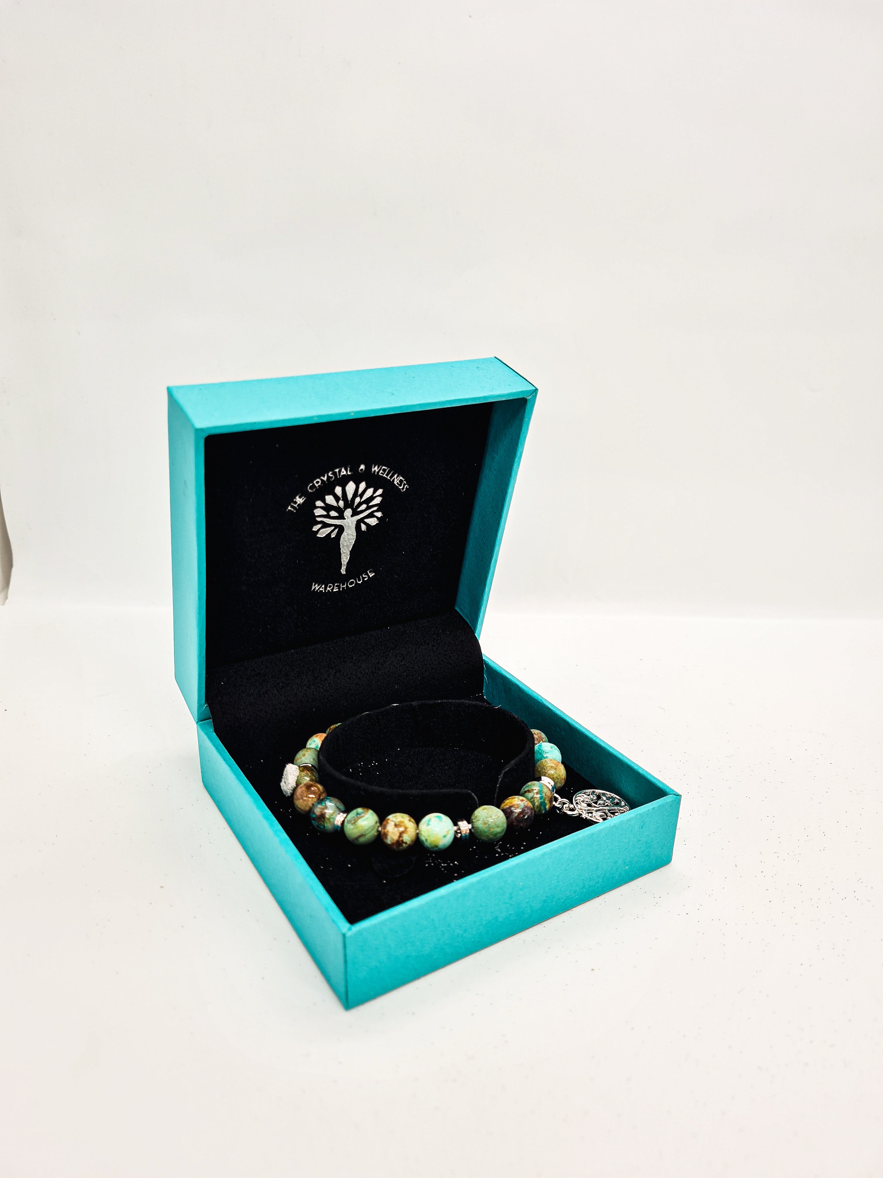 Chrysocolla 6mm crystal bead bracelet twin set with silver tree of life charm