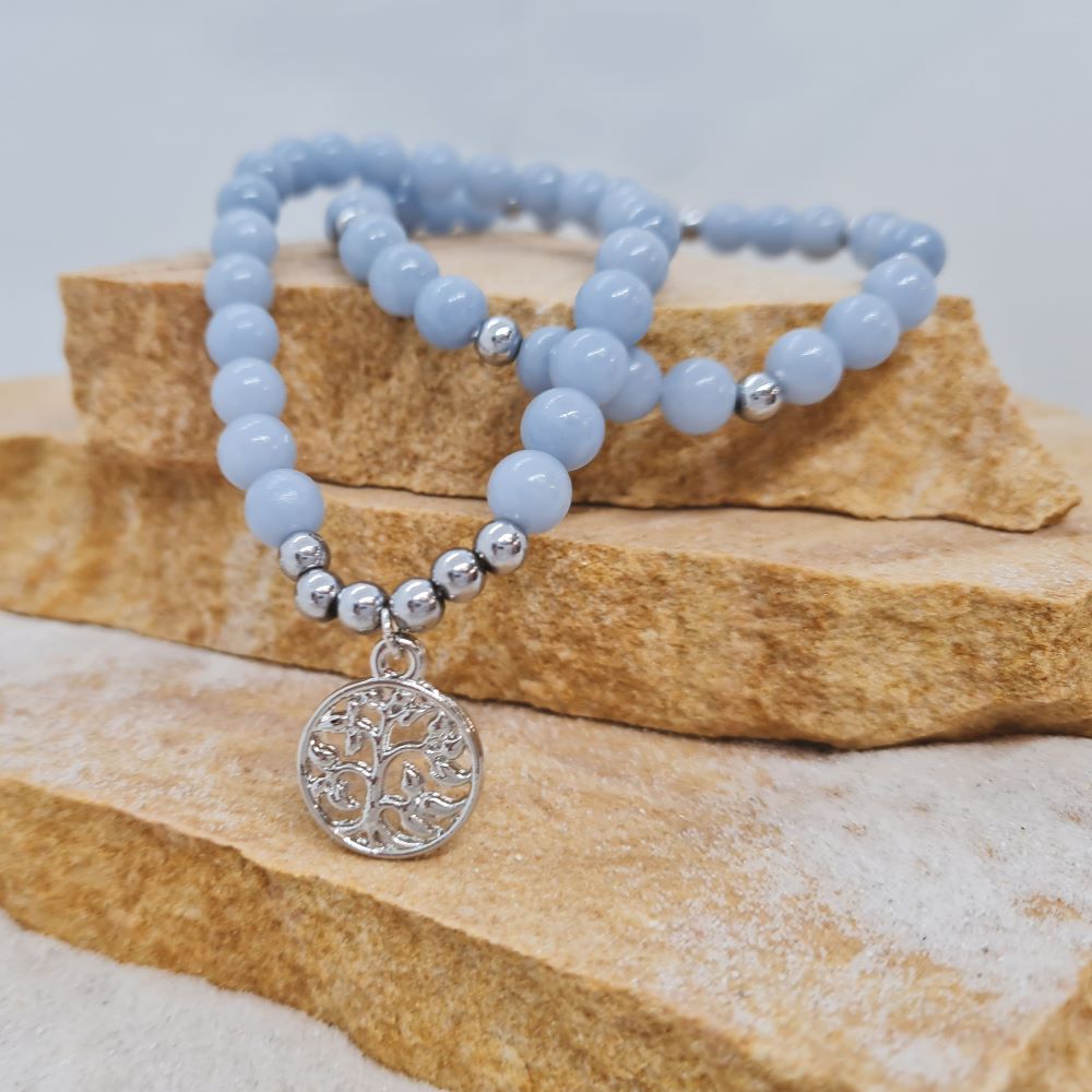 Angelite 6mm twin crystal bead bracelets with silver Tree of Life charm