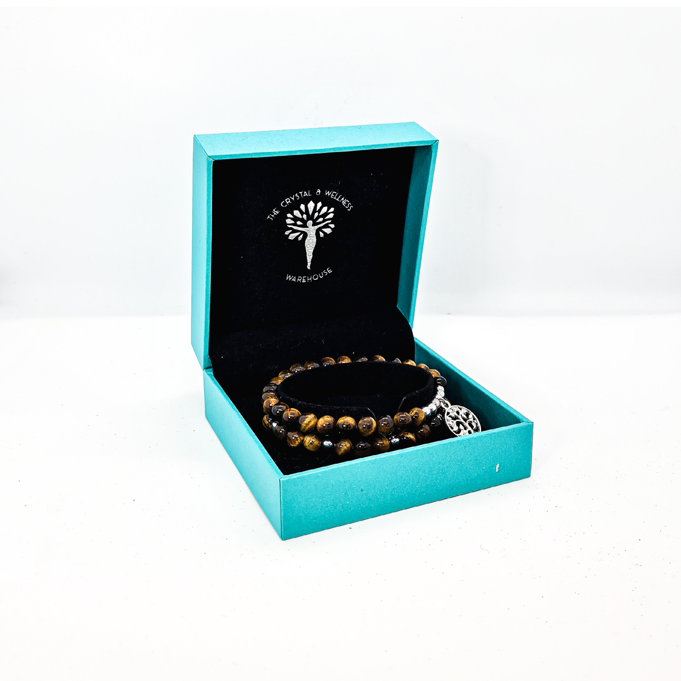 Gold Tiger's Eye 6mm crystal bead bracelet twin set with silver tree of life charm