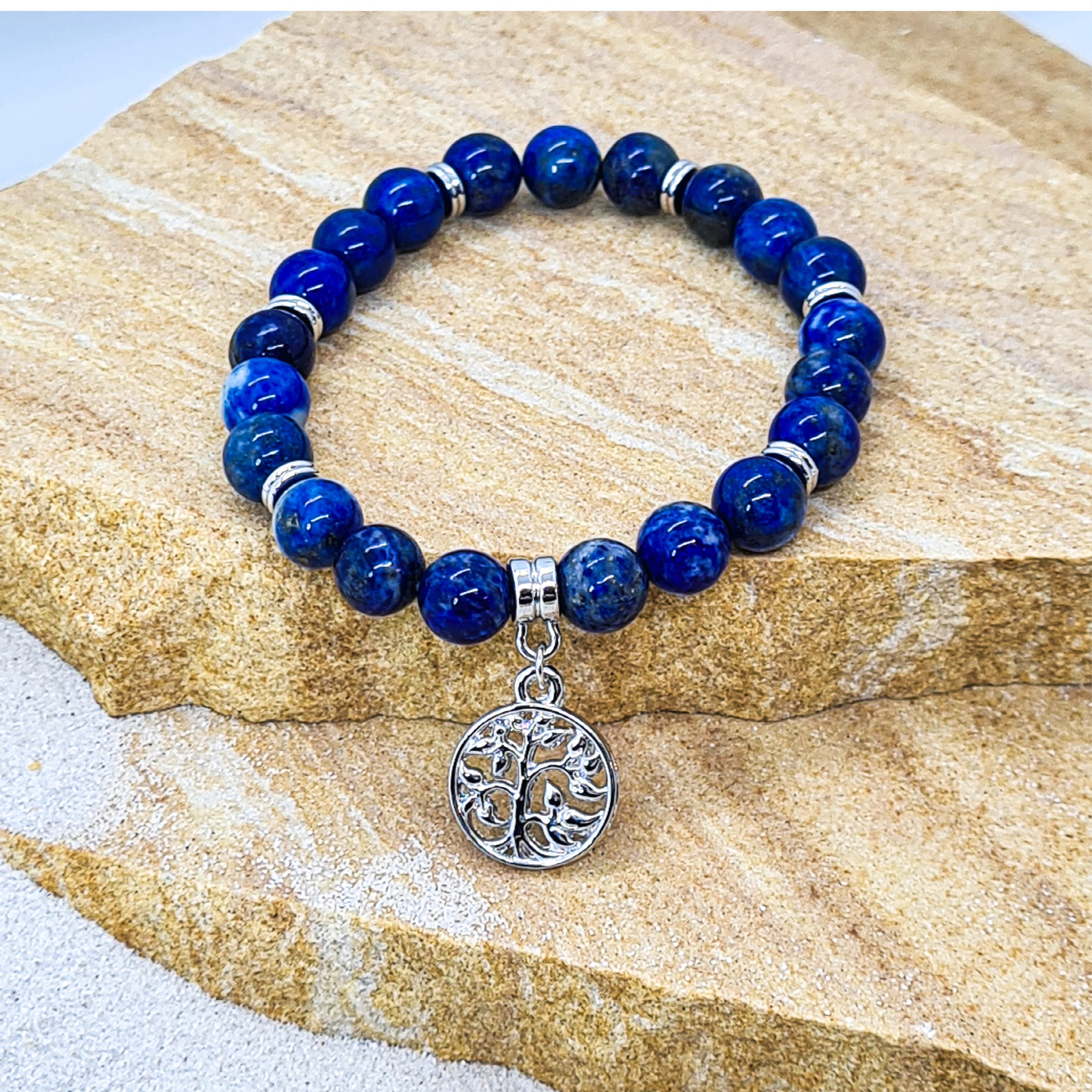 Lapis Lazuli 8mm crystal bead bracelet with silver tree of life charm