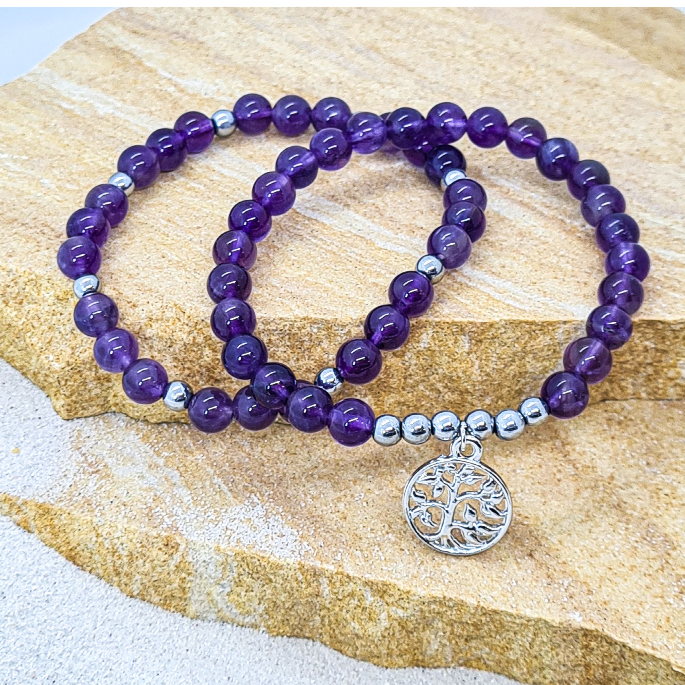 Amethyst 6mm crystal bead bracelet twin set with silver tree of life charm