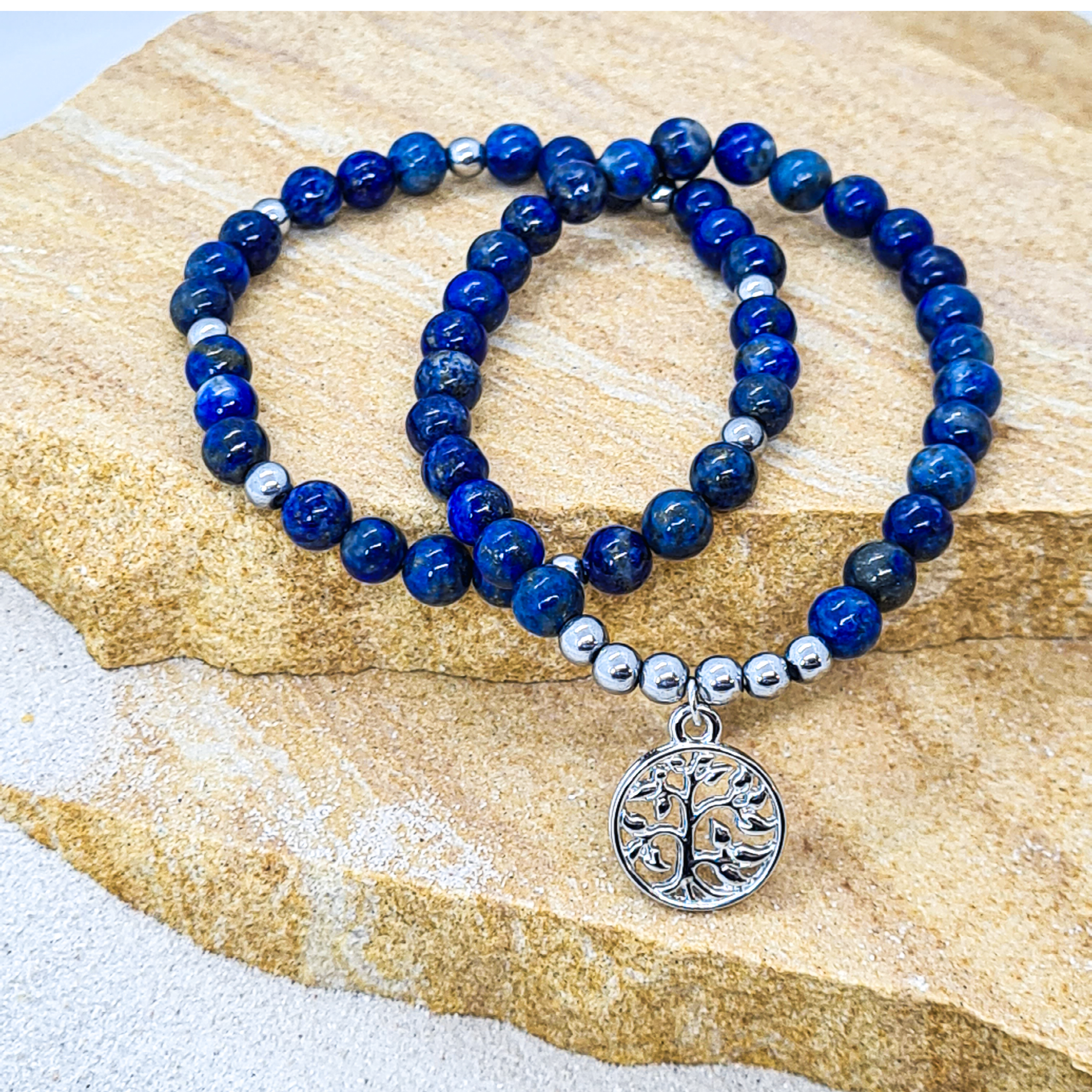 Lapis Lazuli 6mm crystal bead bracelet twin set with silver tree of life charm
