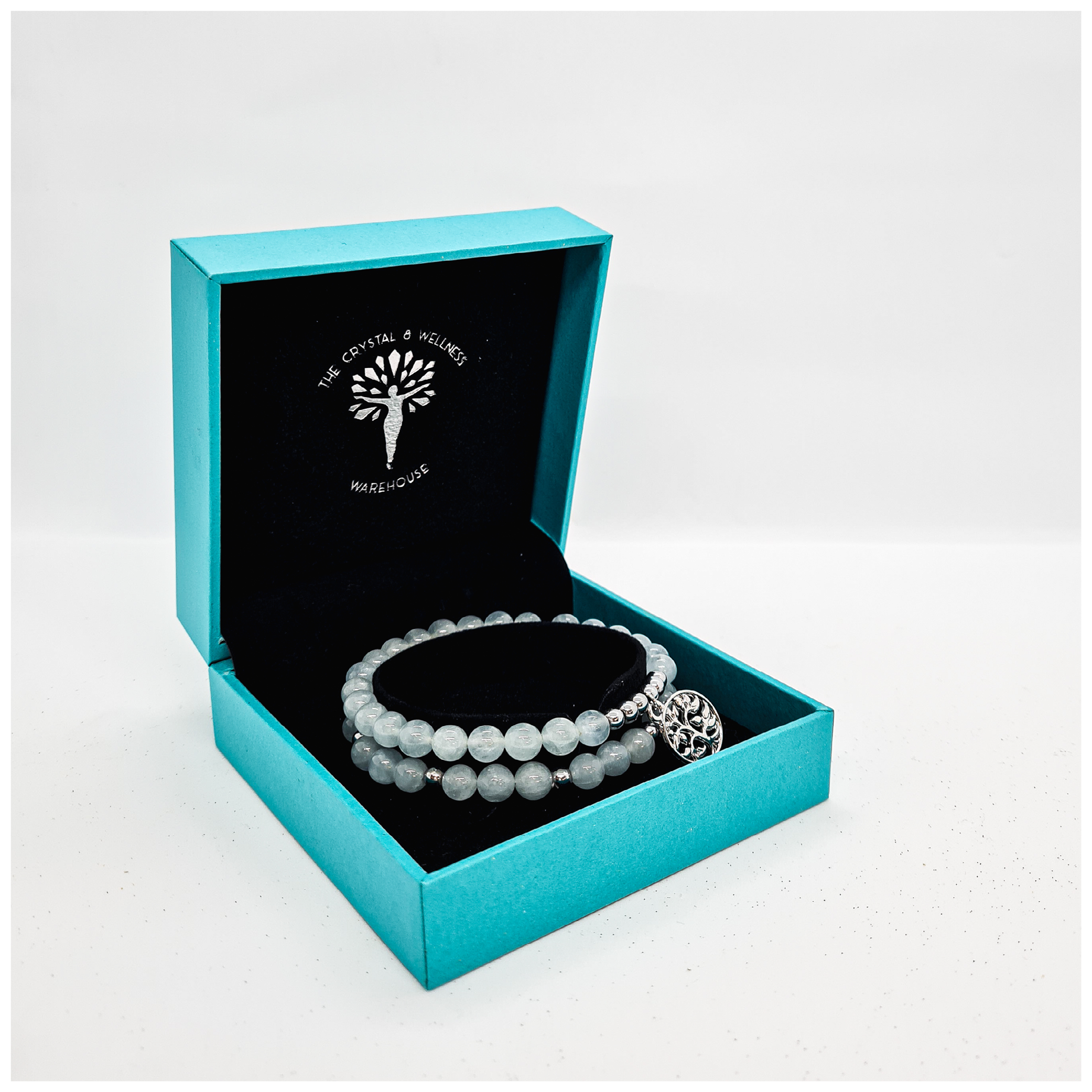 Aquamarine 6mm crystal bead bracelet twin set with silver tree of life charm