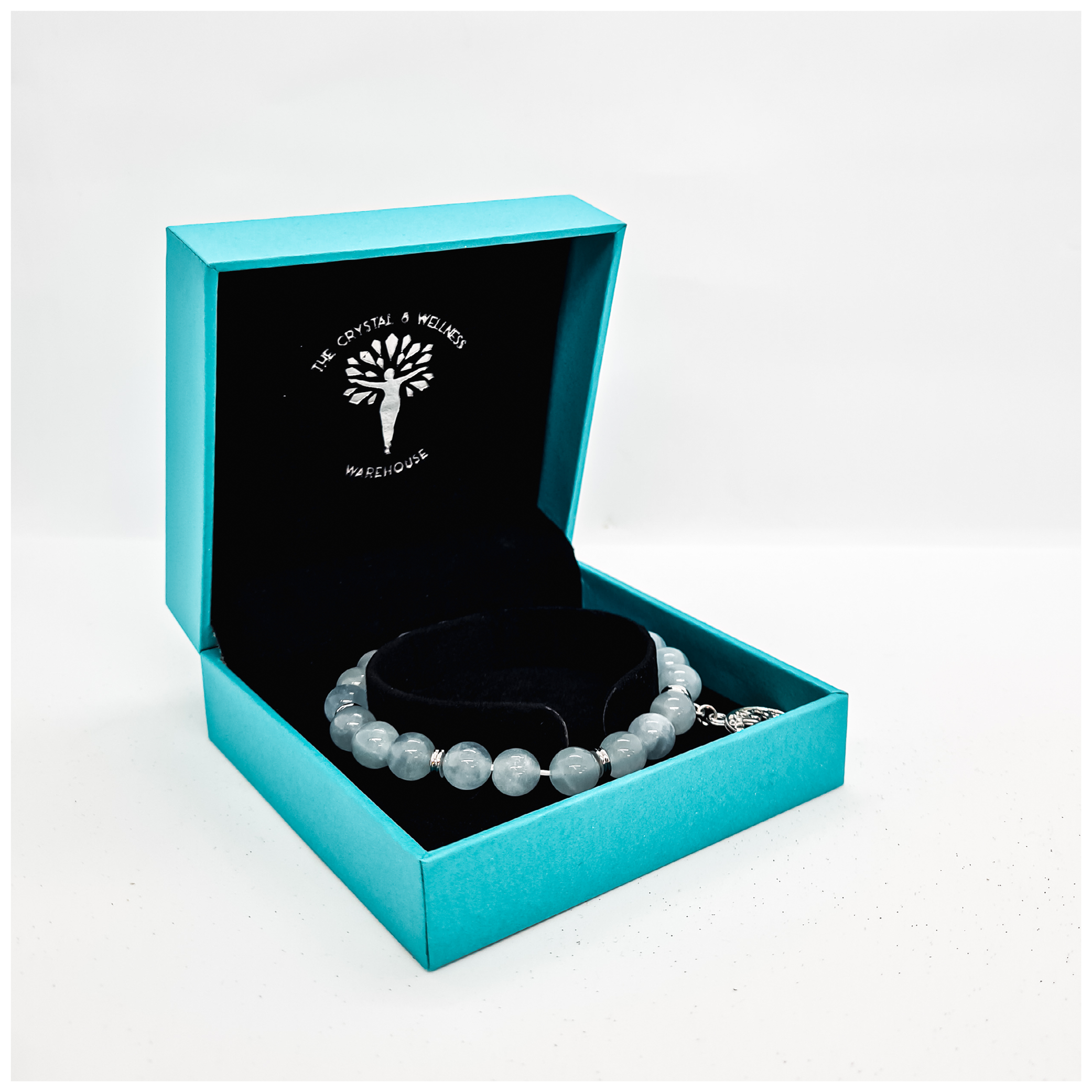Aquamarine 8mm crystal bead bracelet with silver tree of life charm