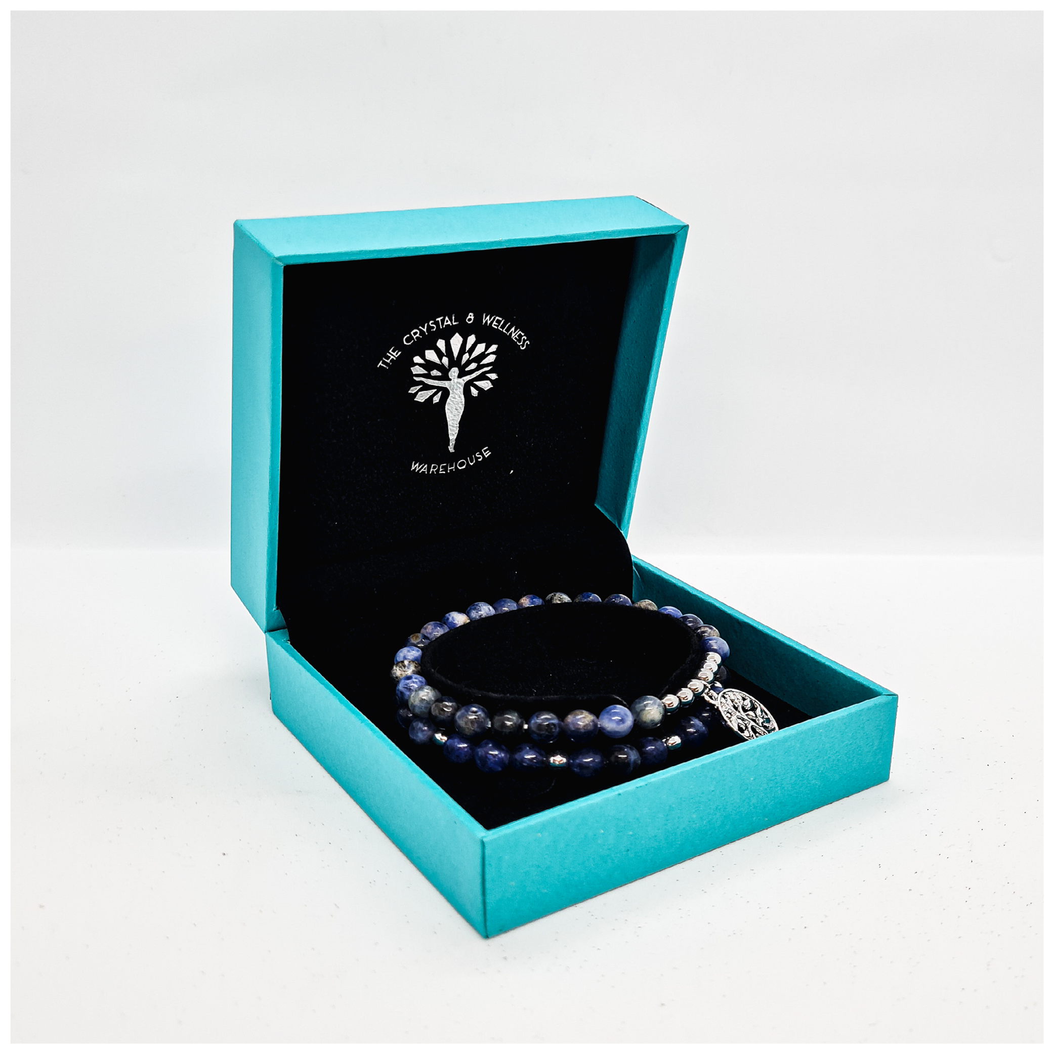 Sodalite 6mm crystal bead twin bracelets with silver tree of life charm