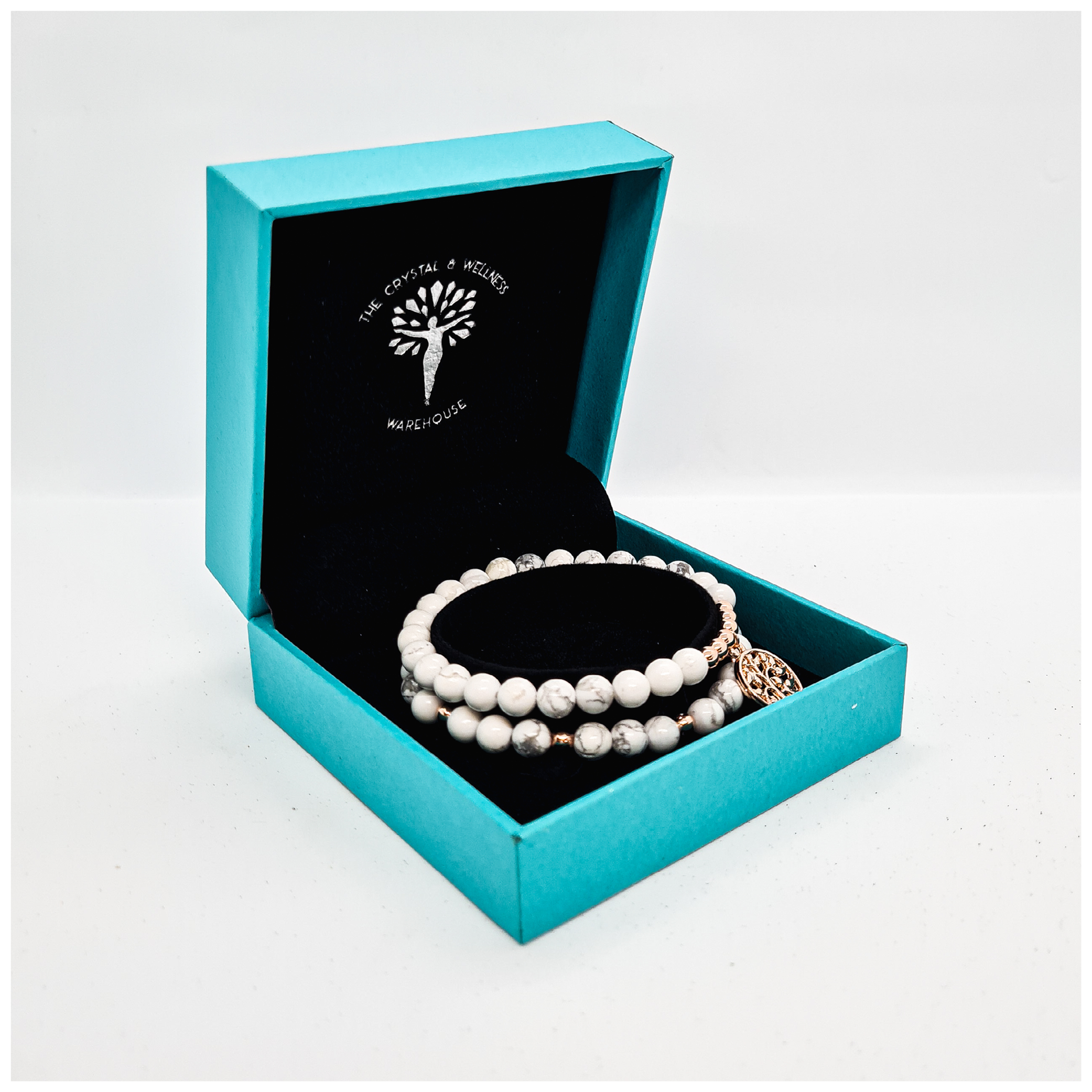 White Howlite 8mm crystal bead bracelet with silver tree of life charm