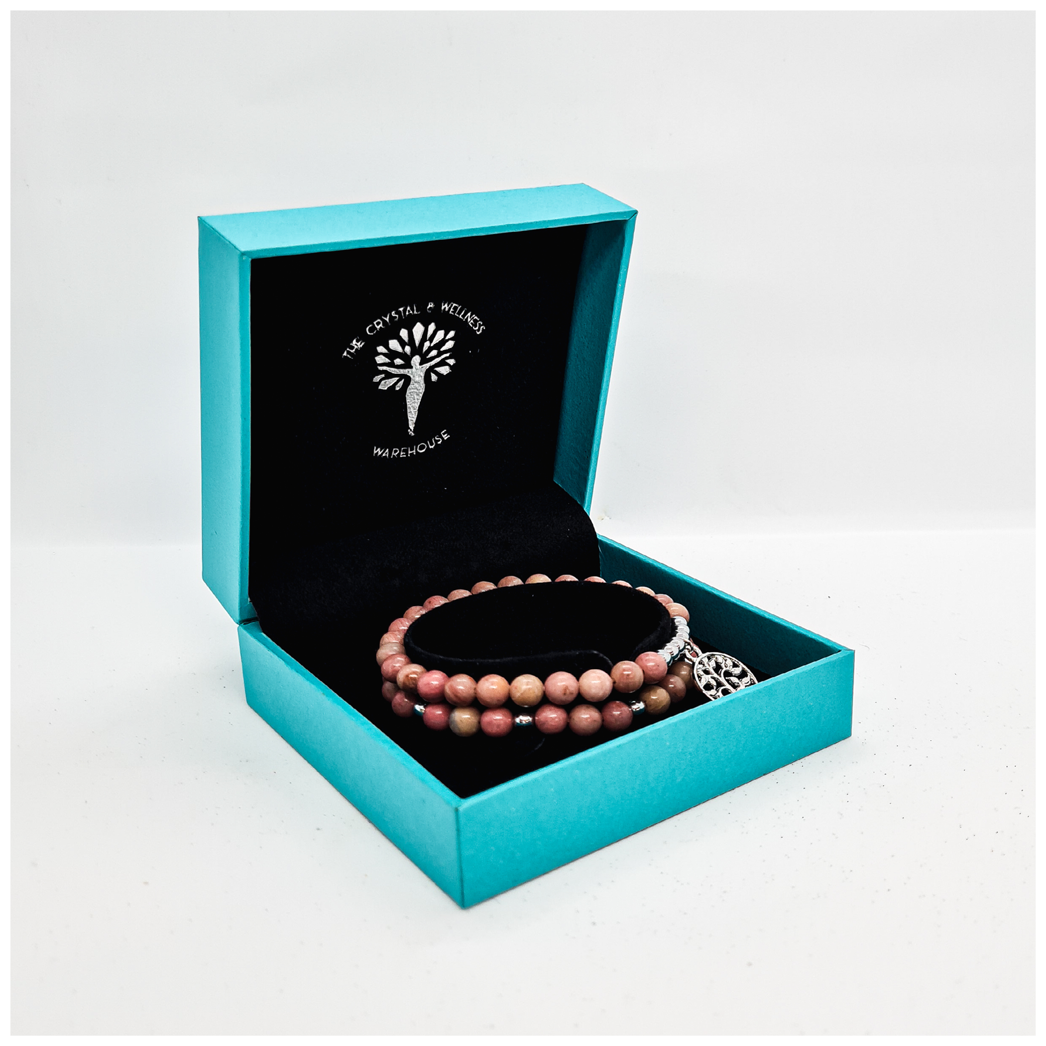 Pink Rhodonite 8mm crystal bead bracelet with tree of life charm
