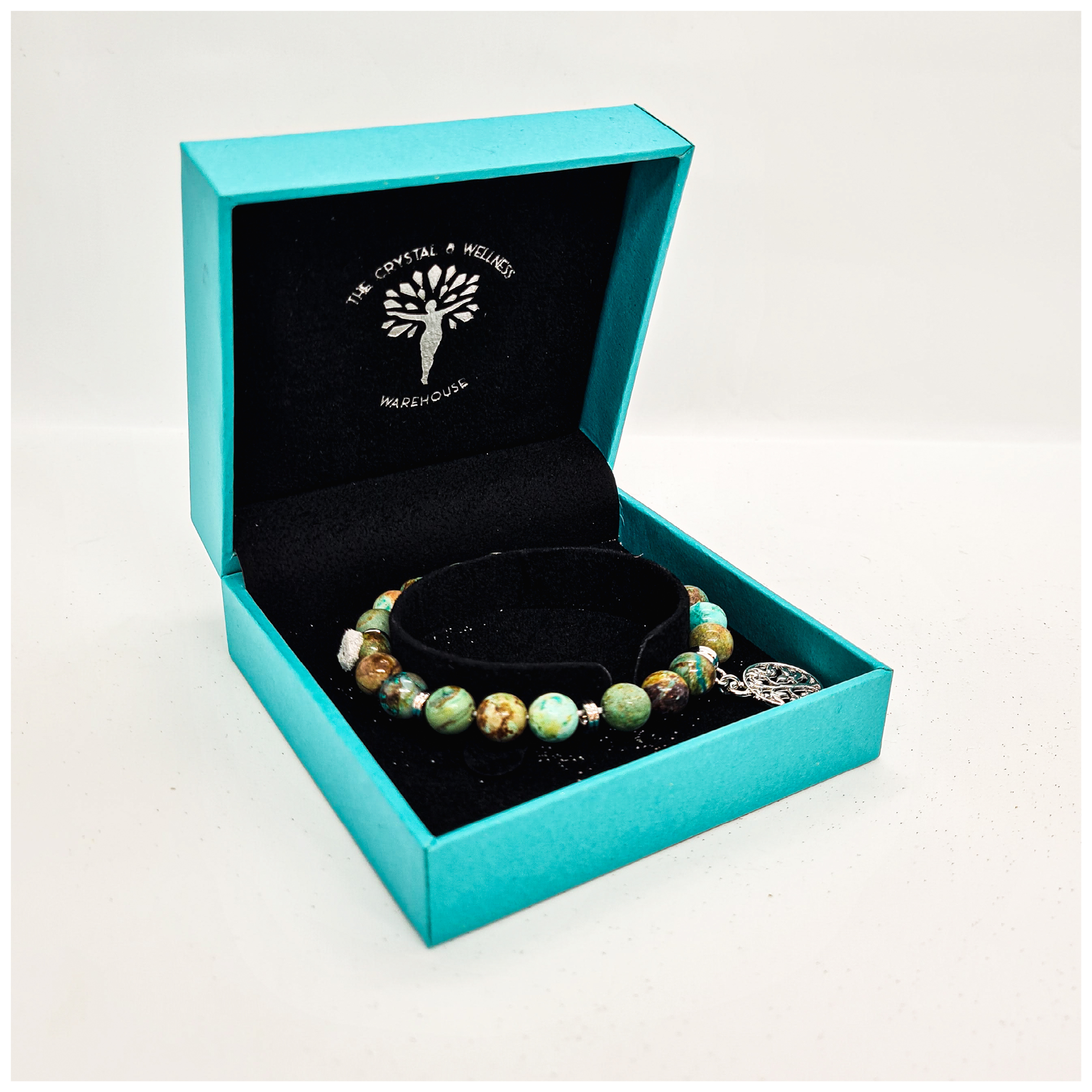 Chrysocolla 8mm crystal bead bracelet with silver tree of life charm