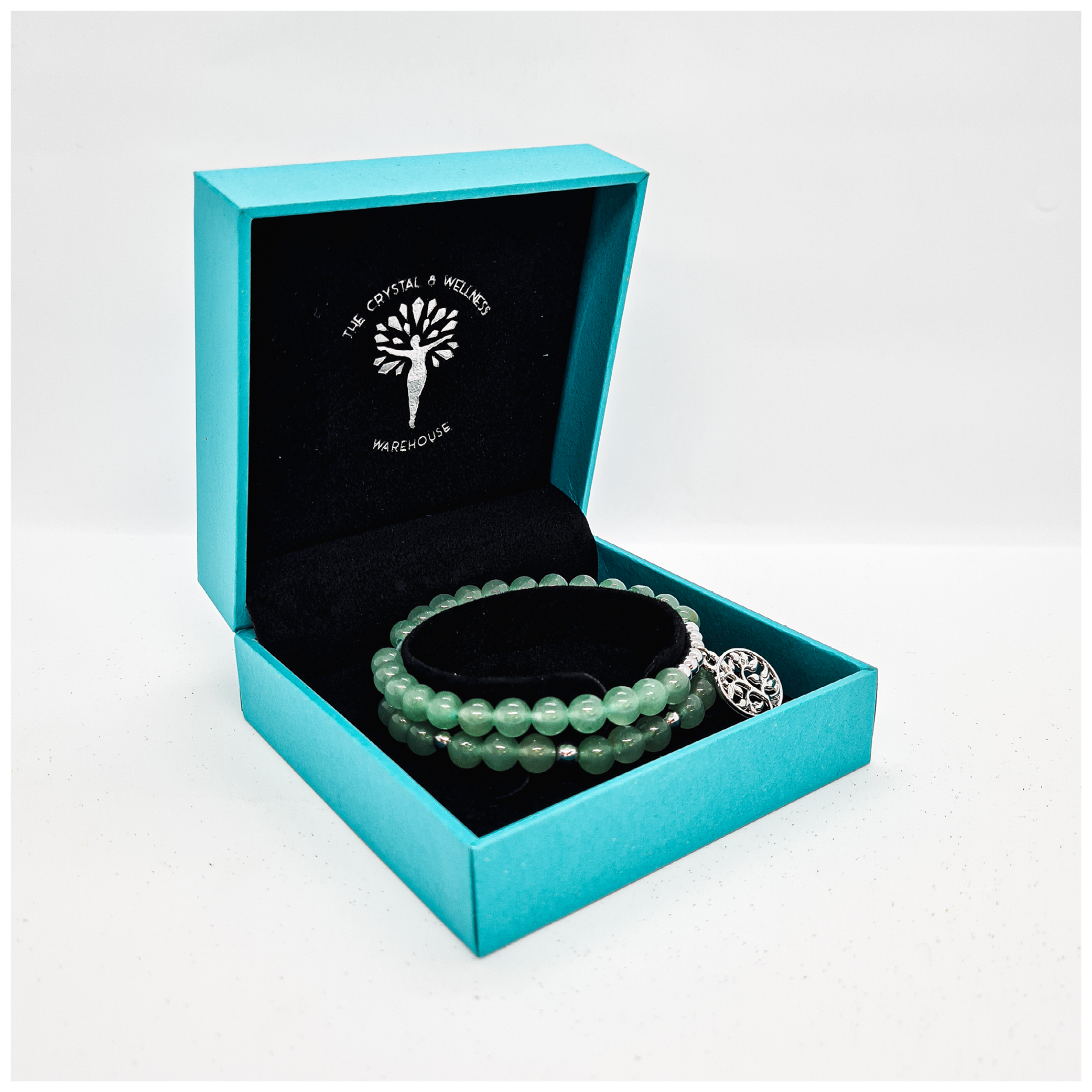 Green Aventurine 8mm crystal bead bracelet with silver tree of life charm
