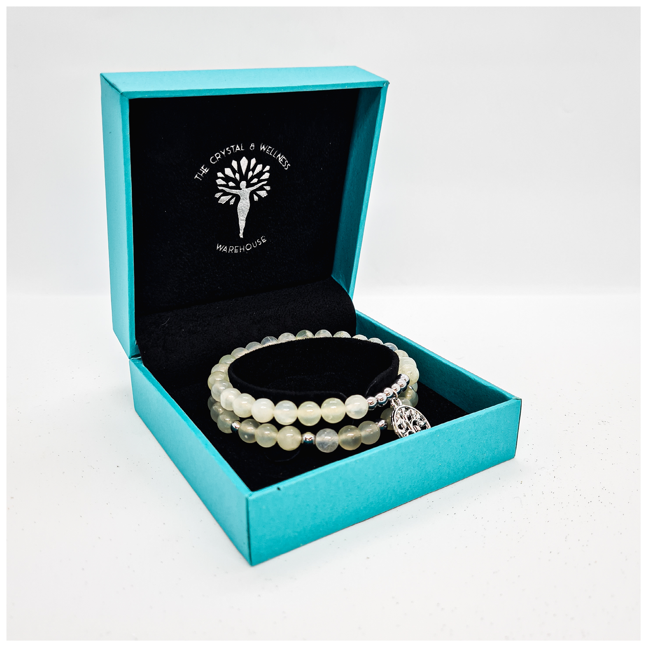 New Jade 8mm crystal bead bracelet with silver tree of life charm