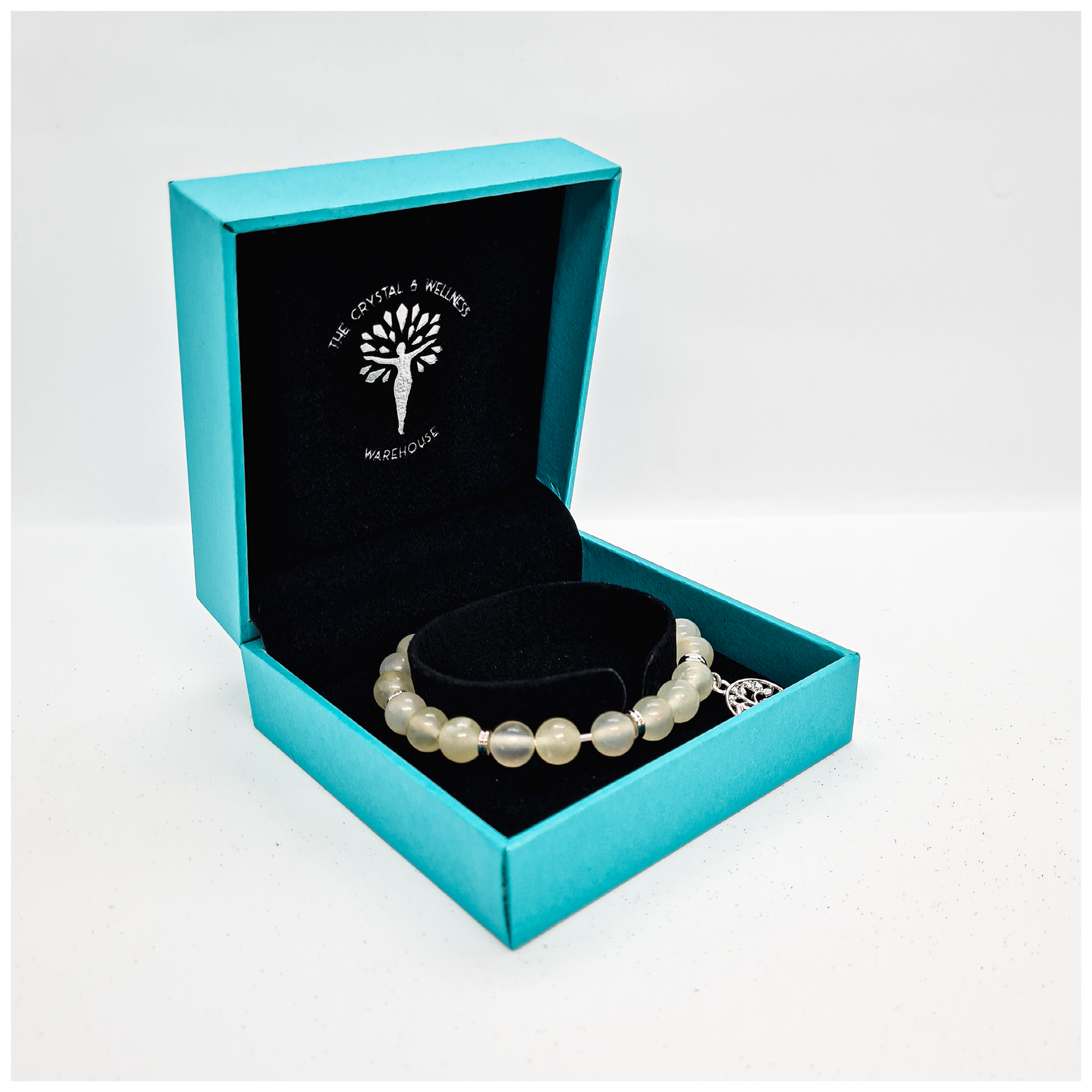 New Jade 8mm crystal bead bracelet with silver tree of life charm