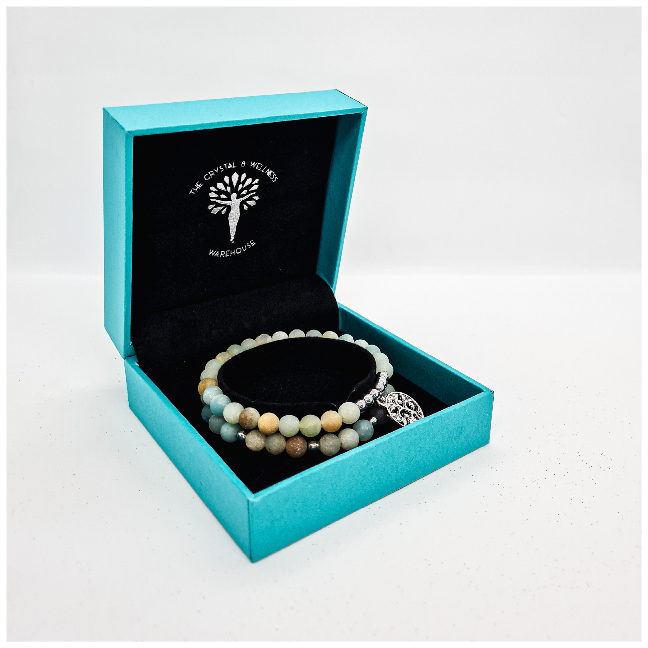 Amazonite 6mm crystal bead bracelet twin set with silver tree of life charm