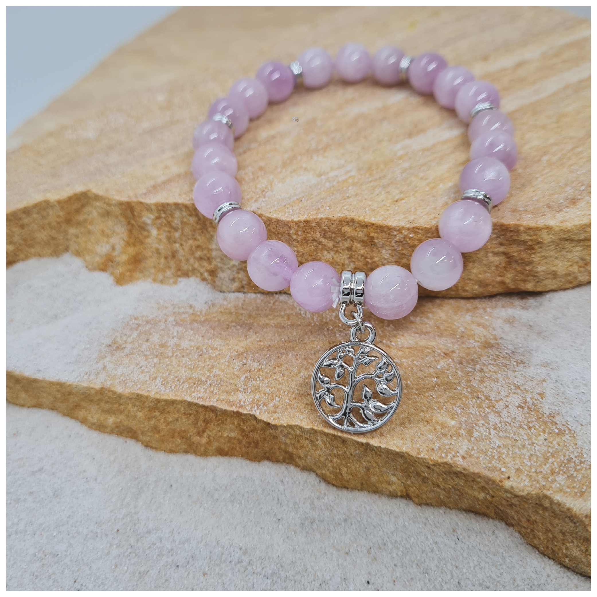 Kunzite 8mm crystal bead bracelet with silver tree of life charm
