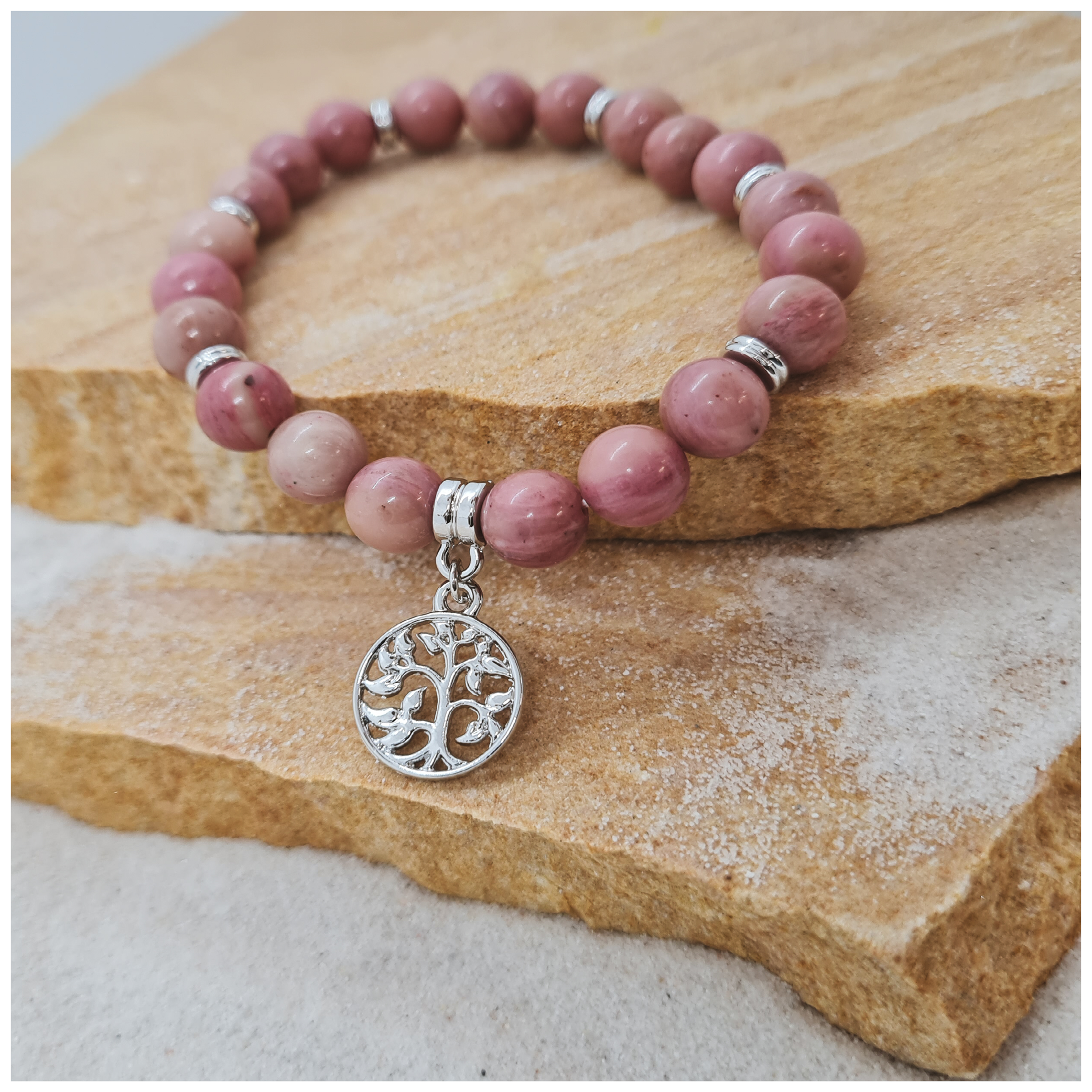 Pink Rhodonite 8mm crystal bead bracelet with tree of life charm