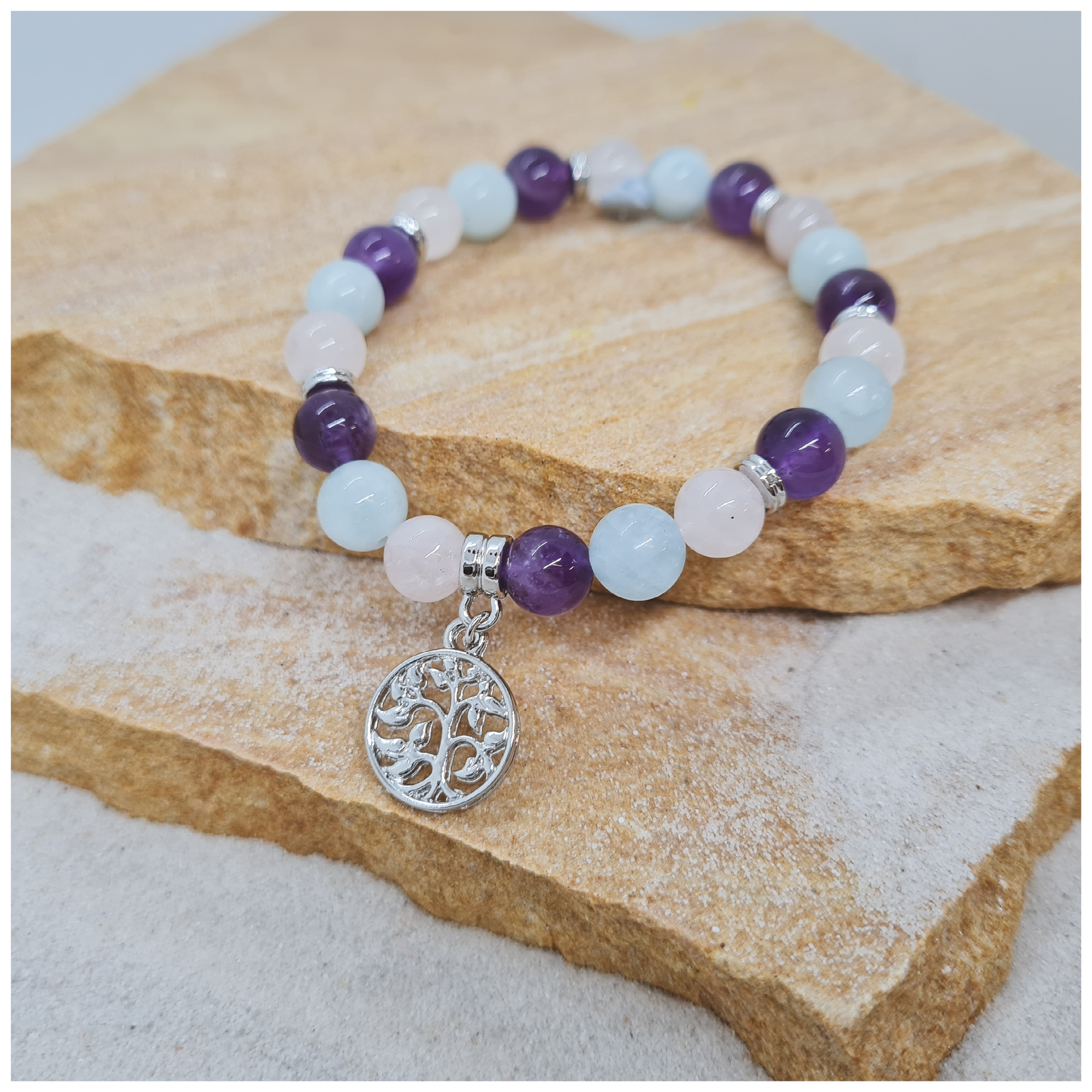 Harmony trilogy Aquamarine, amethyst and rose quartz 6mm crystal bead bracelet twin set with tree of life charm