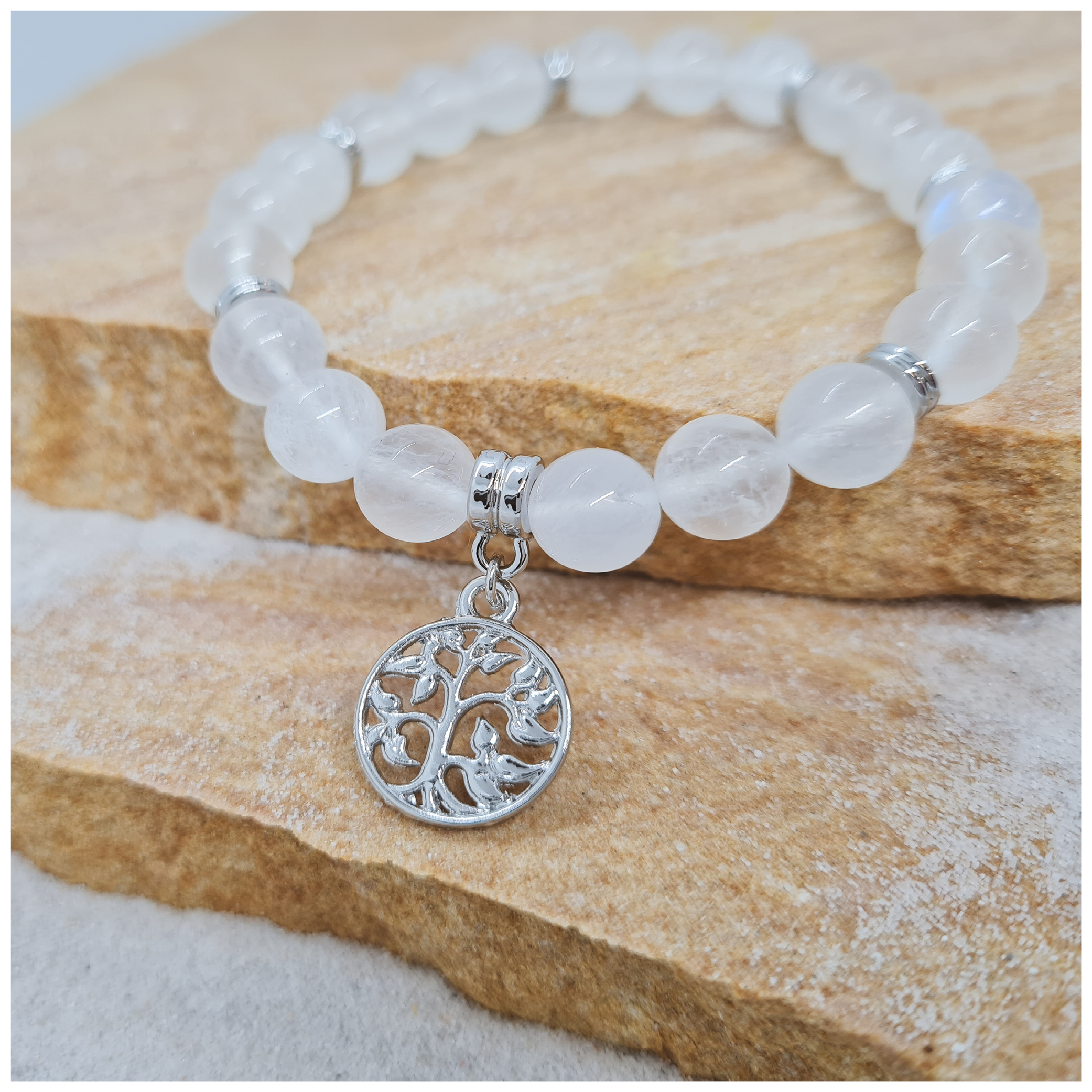 Rainbow Moonstone 8mm crystal bead bracelet with tree of life charm