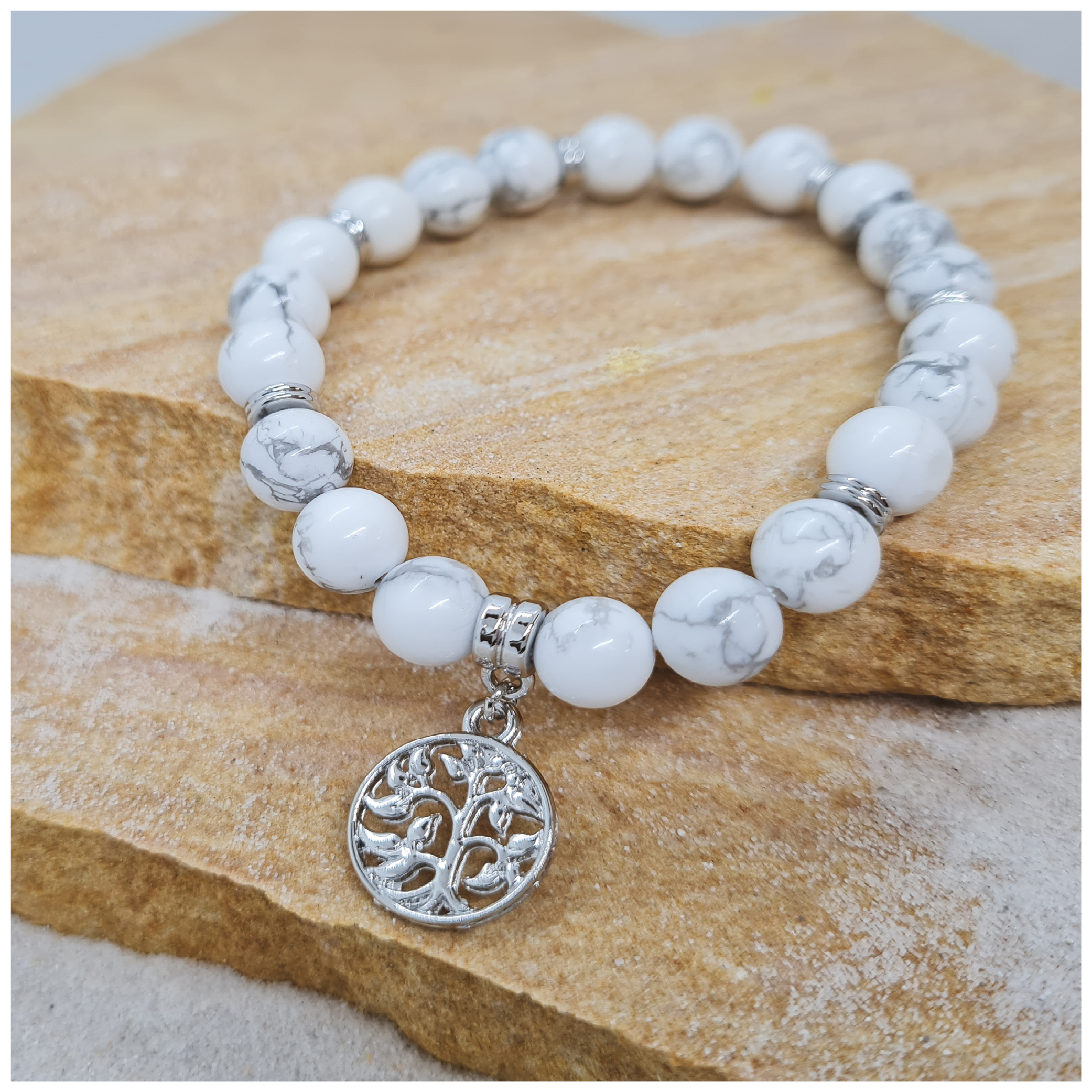 White Howlite 8mm crystal bead bracelet with silver tree of life charm