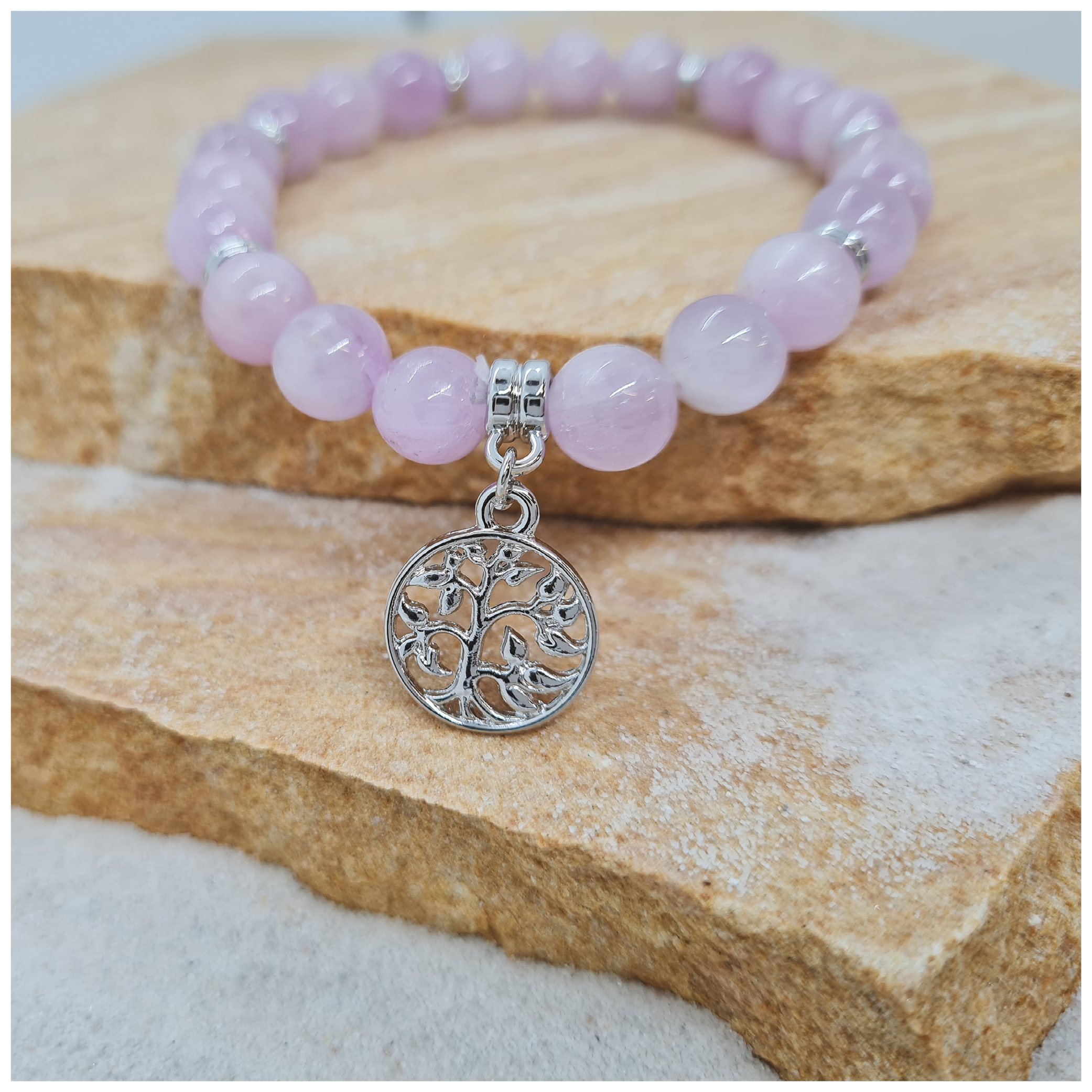 Kunzite 6mm crystal bead bracelet twin set with silver tree of life charm