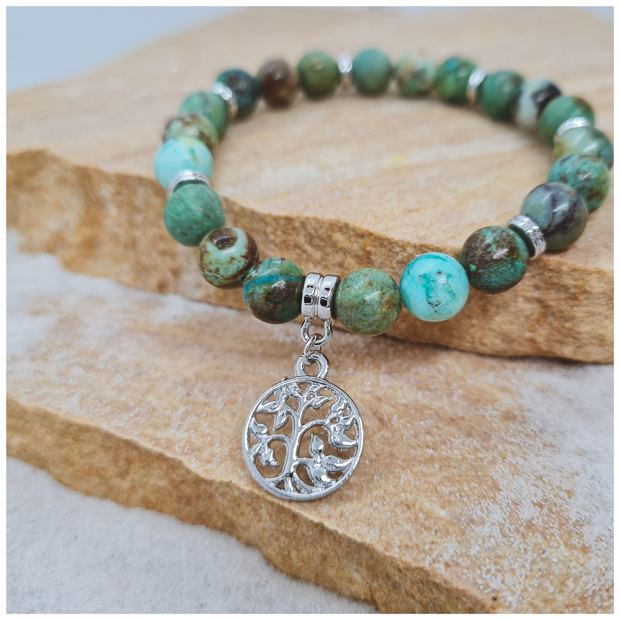 Chrysocolla 8mm crystal bead bracelet with silver tree of life charm