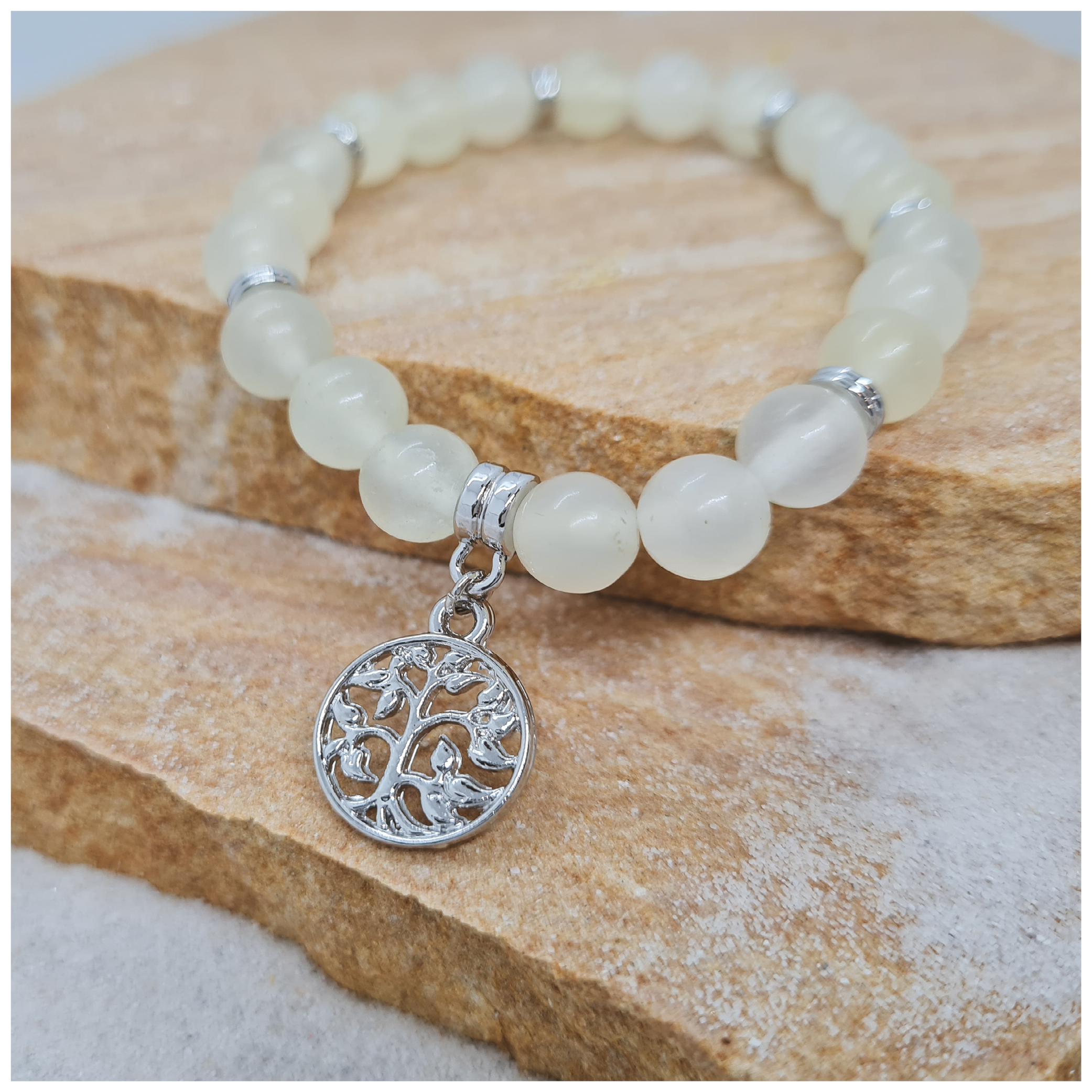 New Jade 8mm crystal bead bracelet with silver tree of life charm