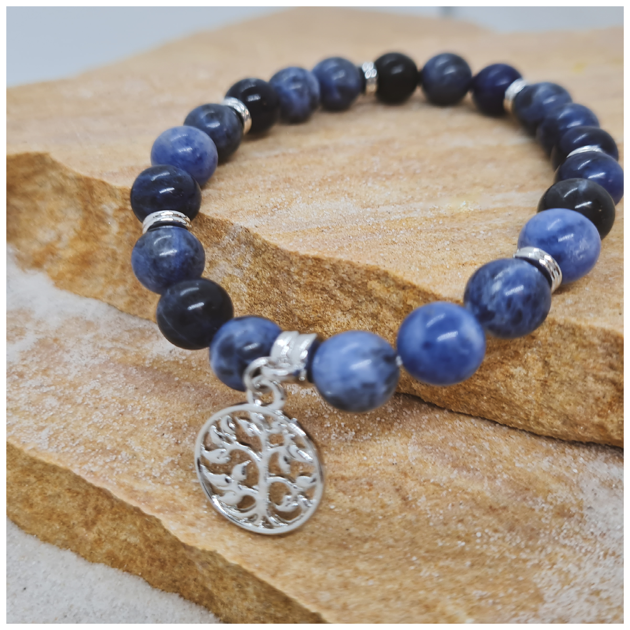 Sodalite 8mm crystal bead bracelet with silver tree of life charm