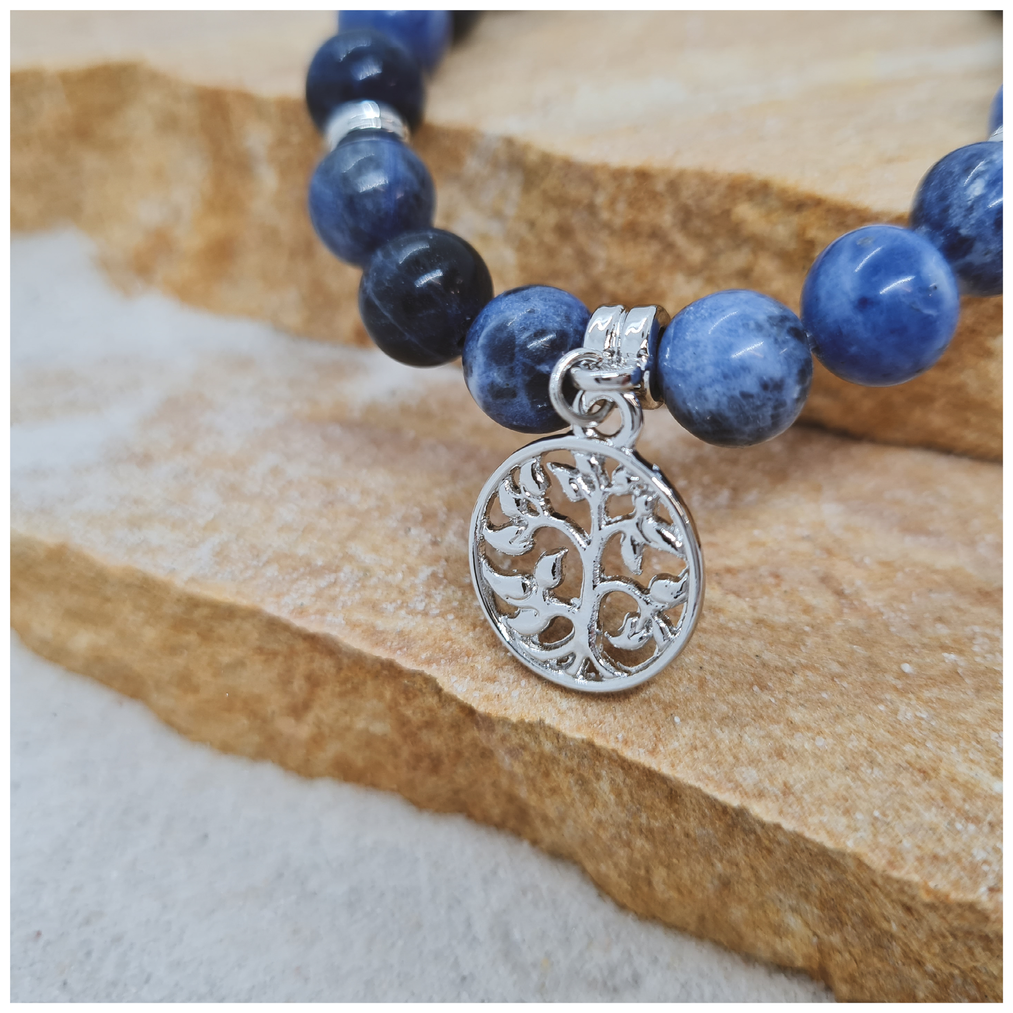 Sodalite 8mm crystal bead bracelet with silver tree of life charm