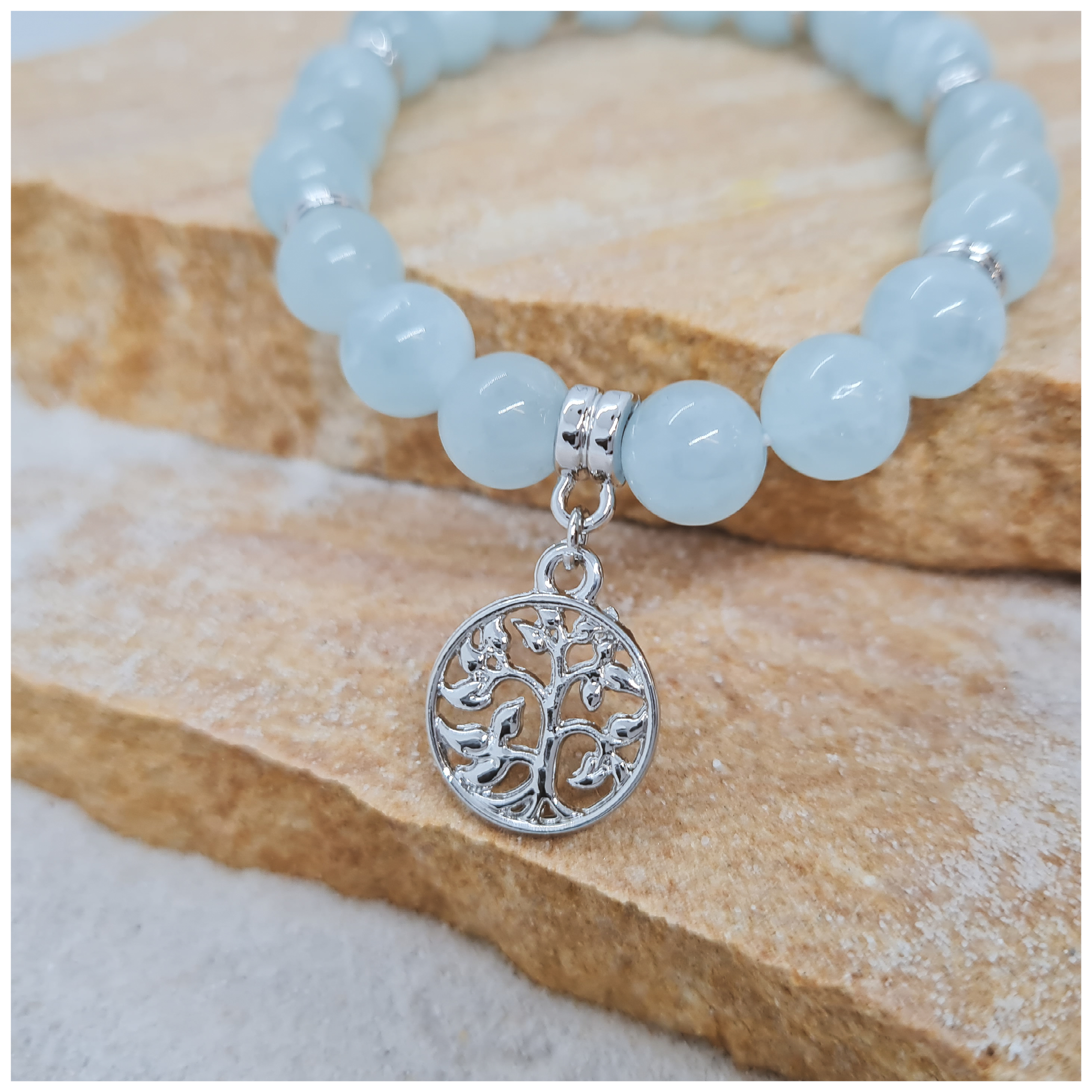 Aquamarine 6mm crystal bead bracelet twin set with silver tree of life charm