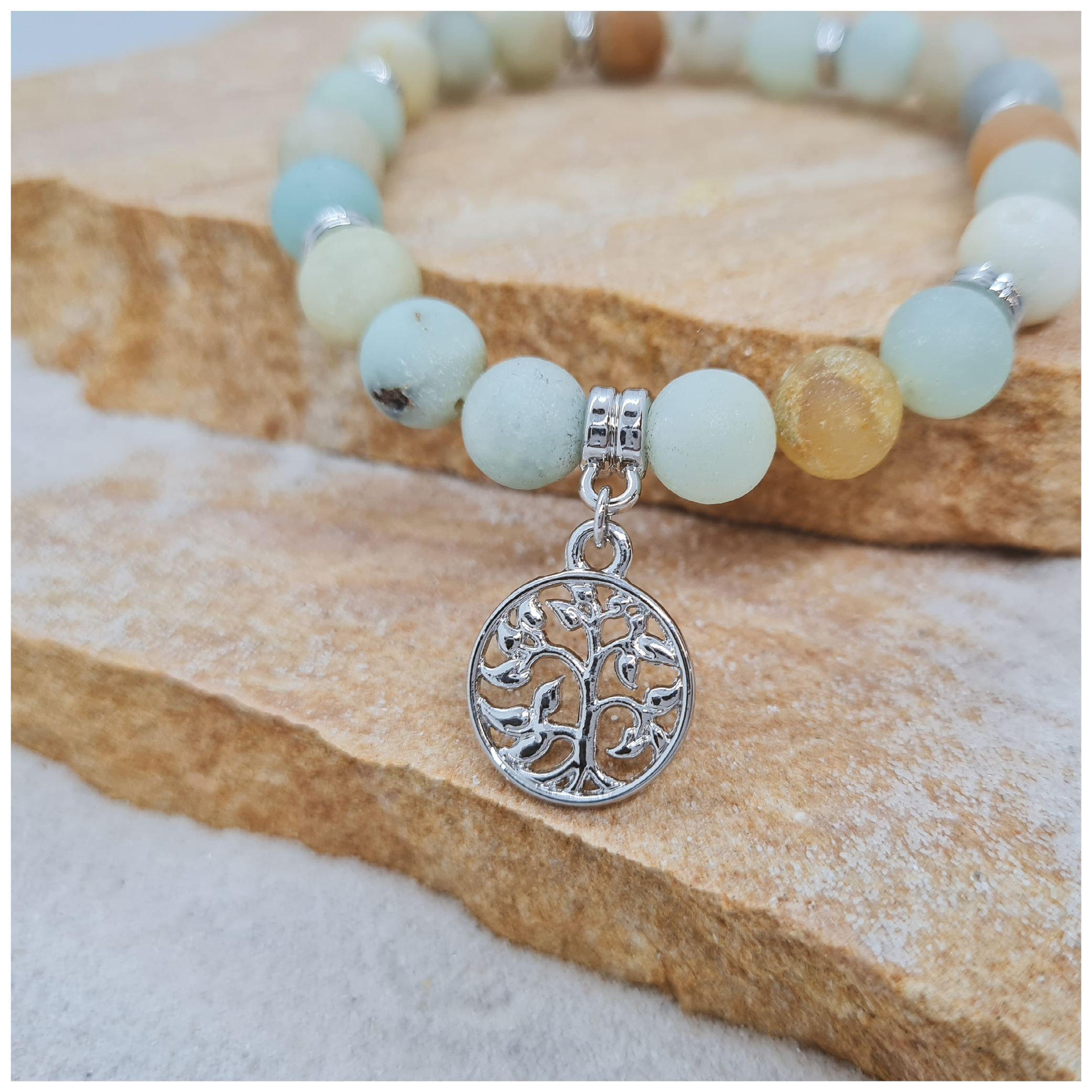 Amazonite 8mm crystal bead bracelet with silver tree of life charm