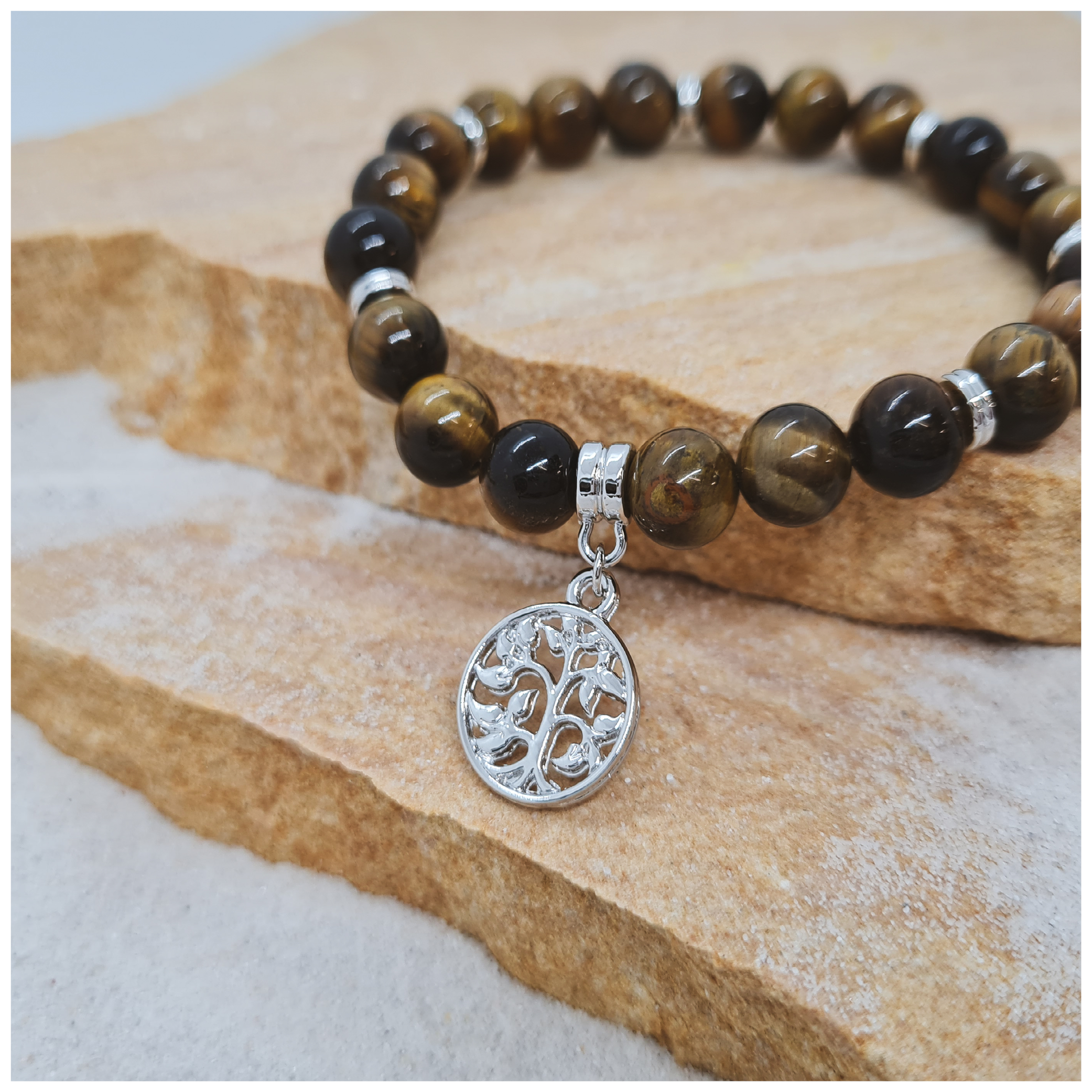 Gold Tiger's Eye 6mm crystal bead bracelet twin set with silver tree of life charm