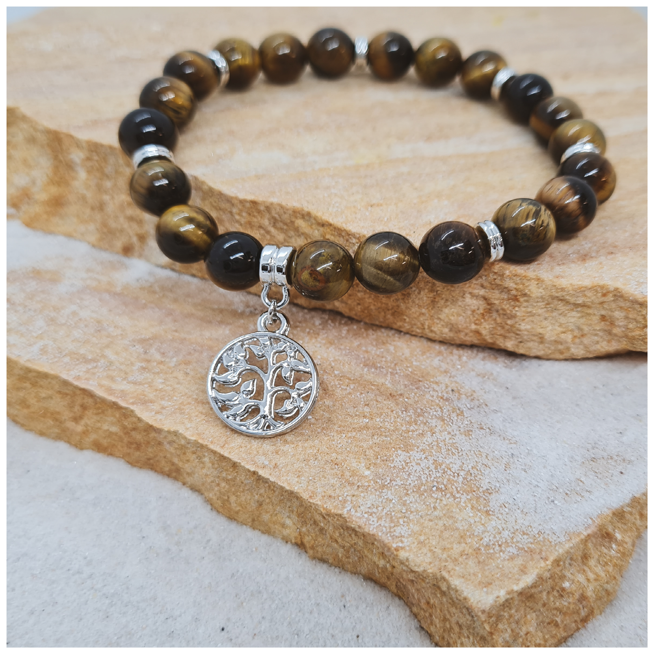 Gold Tiger's Eye 8mm crystal bead bracelet with silver tree of life charm