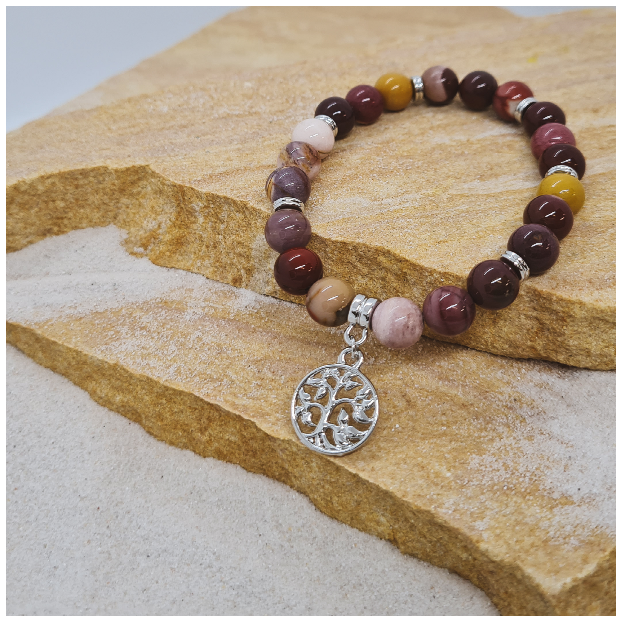 Mookaite 8mm crystal bead bracelet with silver tree of life charm