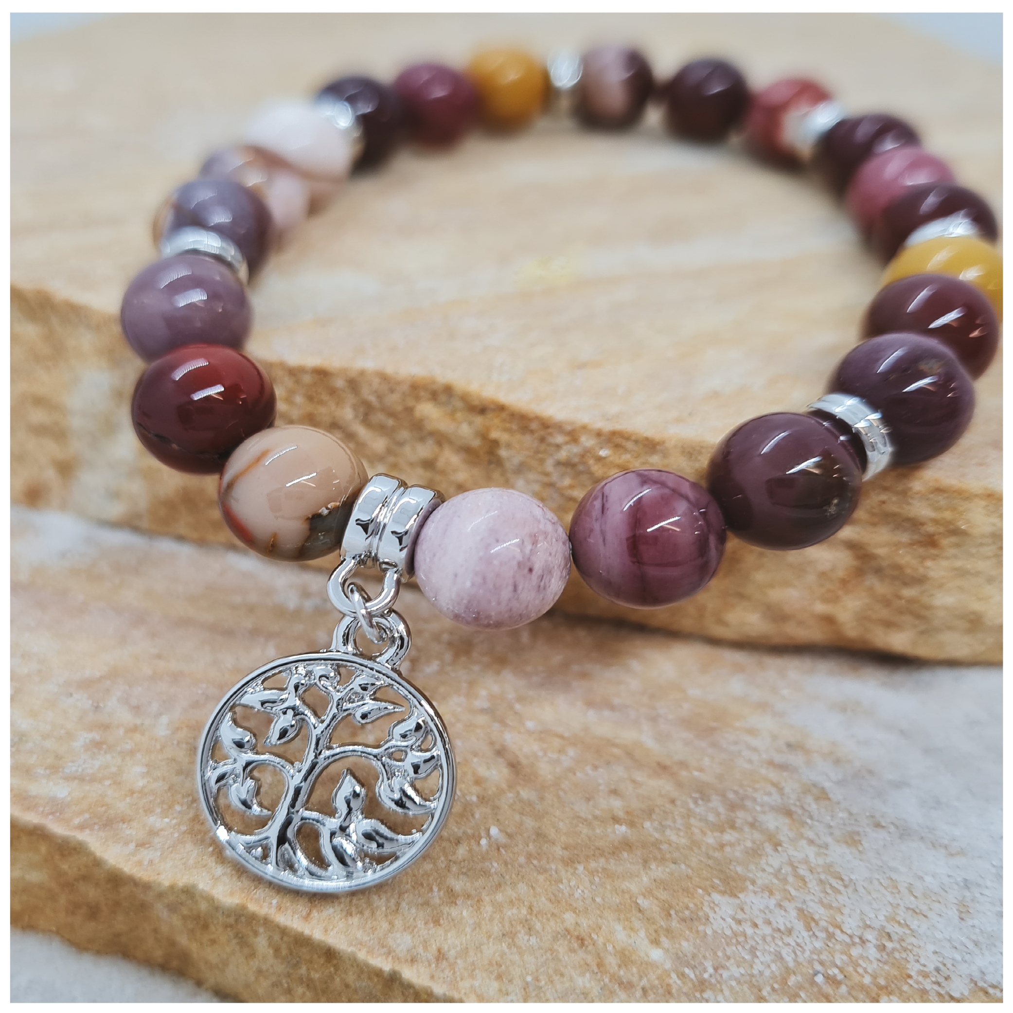 Mookaite 8mm crystal bead bracelet with silver tree of life charm
