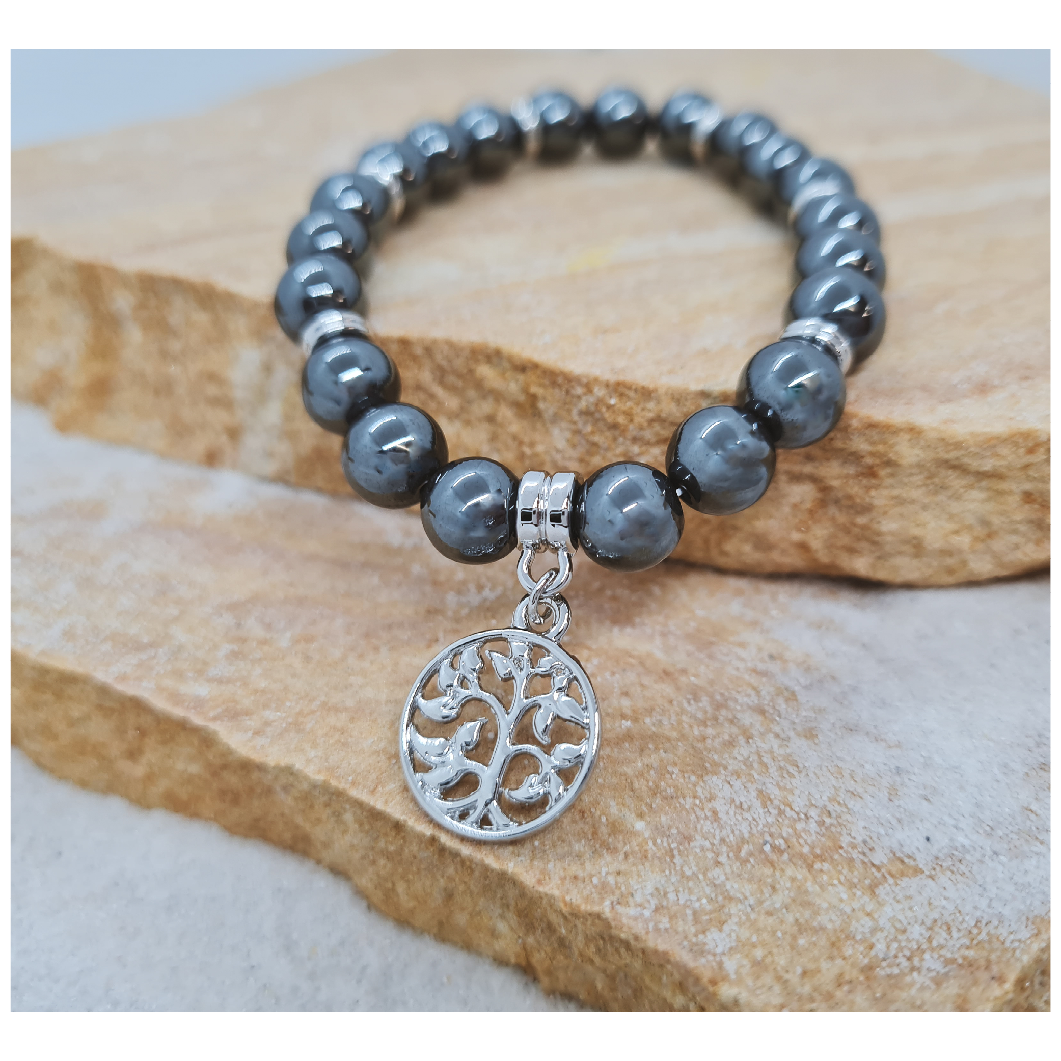 Hematite 8mm crystal bead bracelet with silver tree of life charm