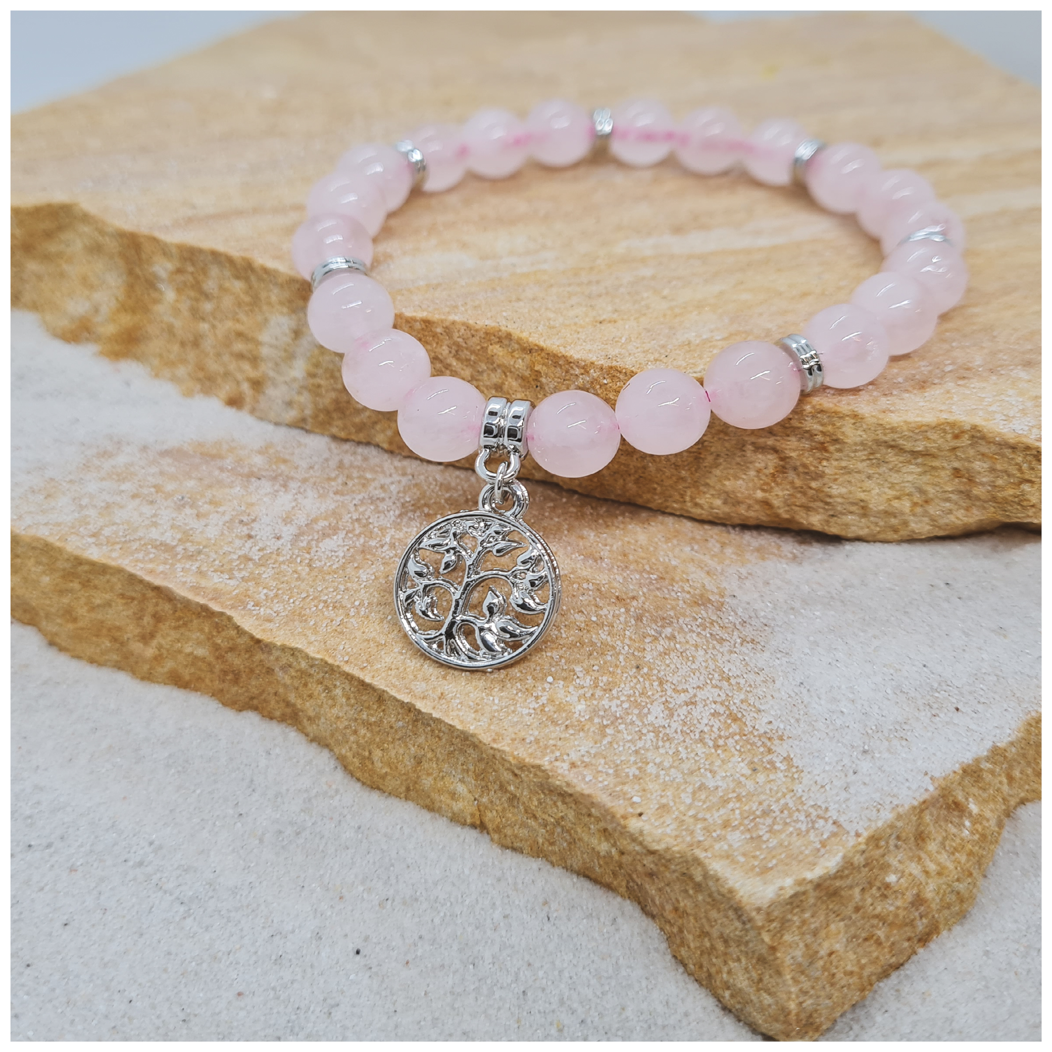 Rose Quartz 6mm crystal bead bracelet with rose gold Tree of Life charm