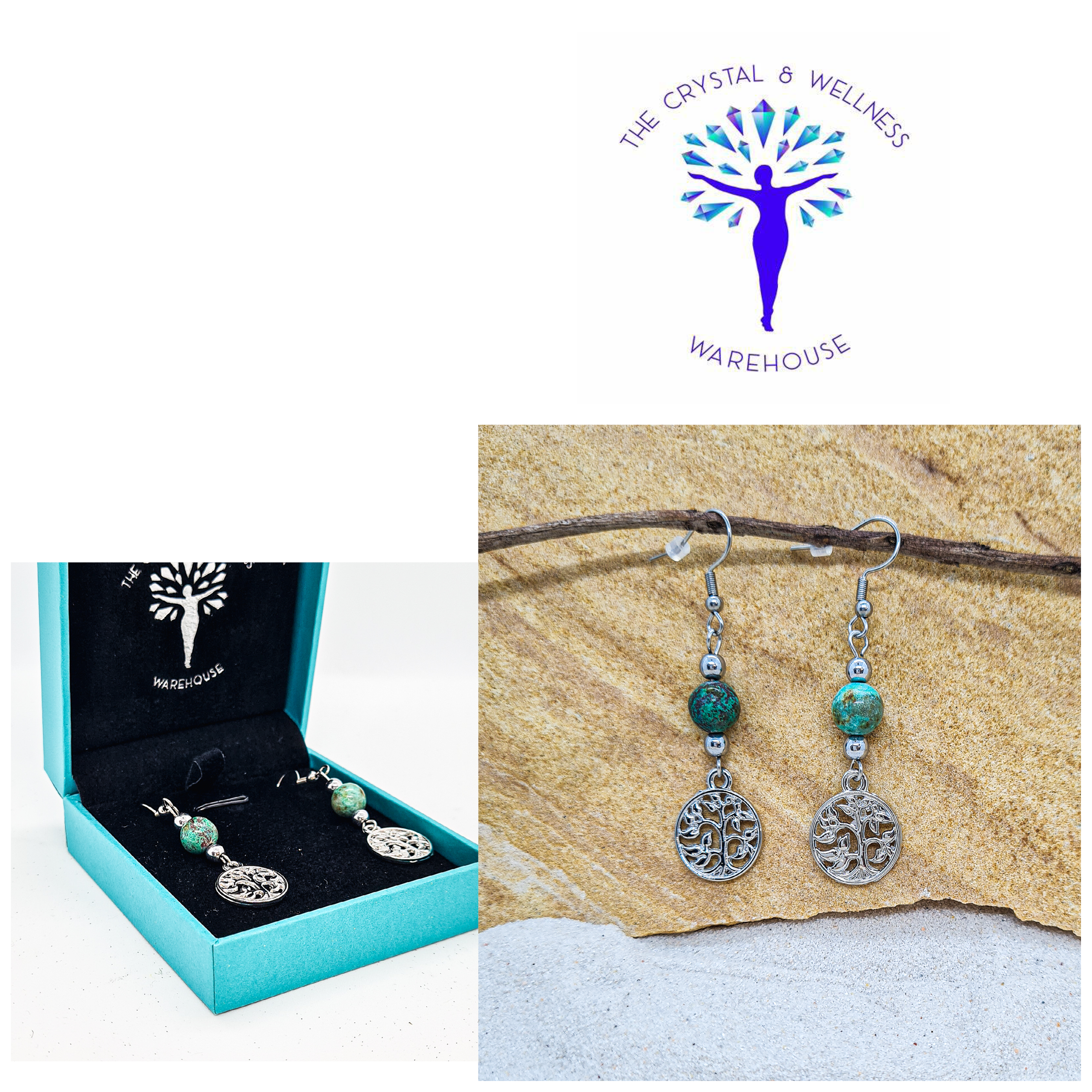 Chrysocolla 8mm crystal bead drop earring with silver tree of life charm