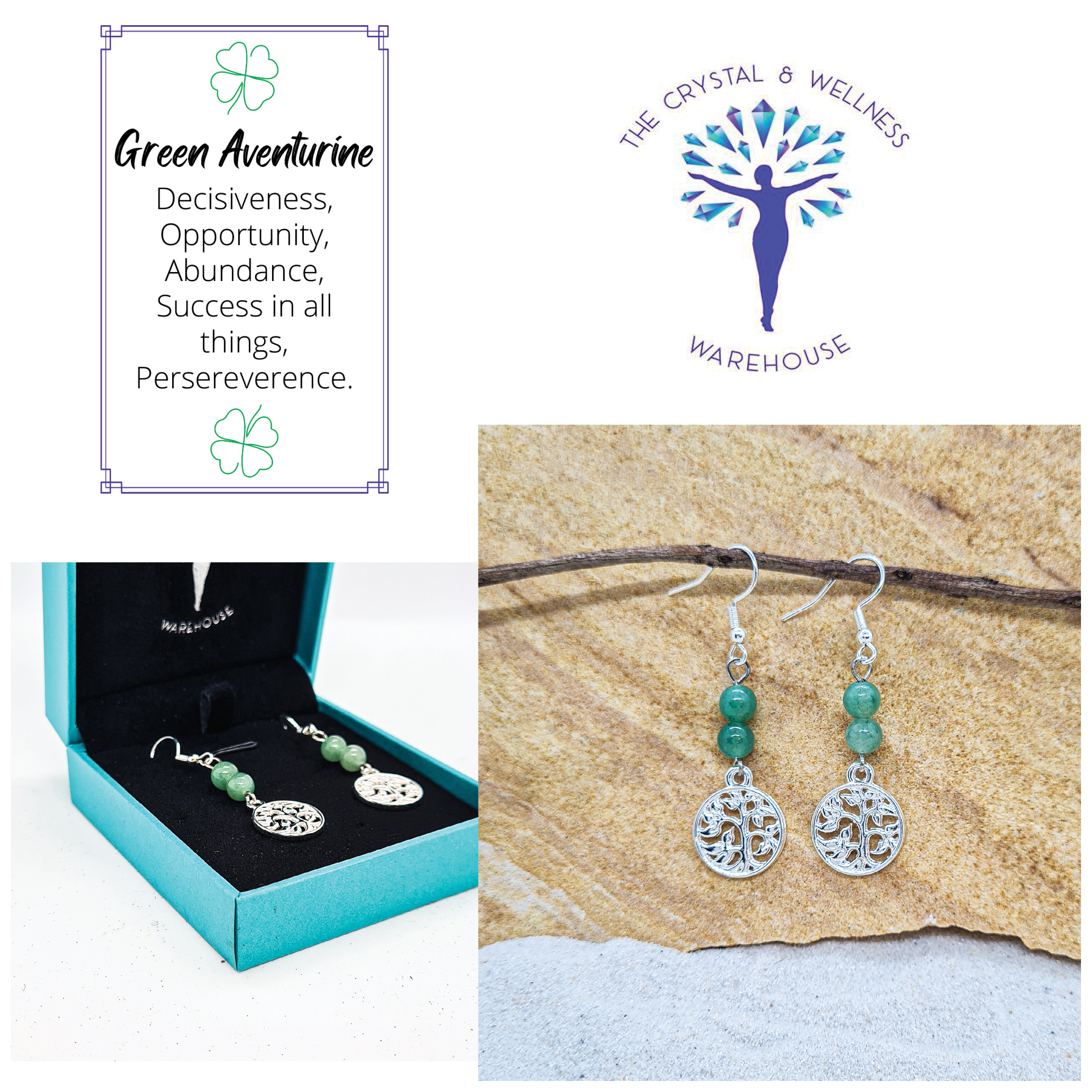 Green Aventurine 6mm crystal bead drop earrings with silver tree of life charm